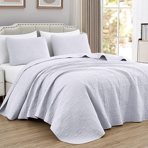 Chezmoi Collection Luca - Juego de edredón de 3 piezas tamaño King, color blanco, suave, ligero, de verano, tamaño King, de 118 x 106, con patrón de