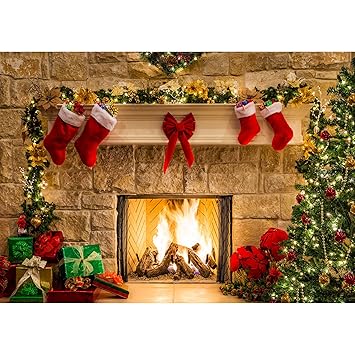 Haboke 7x5ft Soft Durable Fabric Christmas Fireplace Theme Backdrop for Photography Tree Sock Gift Decorations for Xmas Party Supplies Photo Background Pictures Banner Studio Decor Booth Props