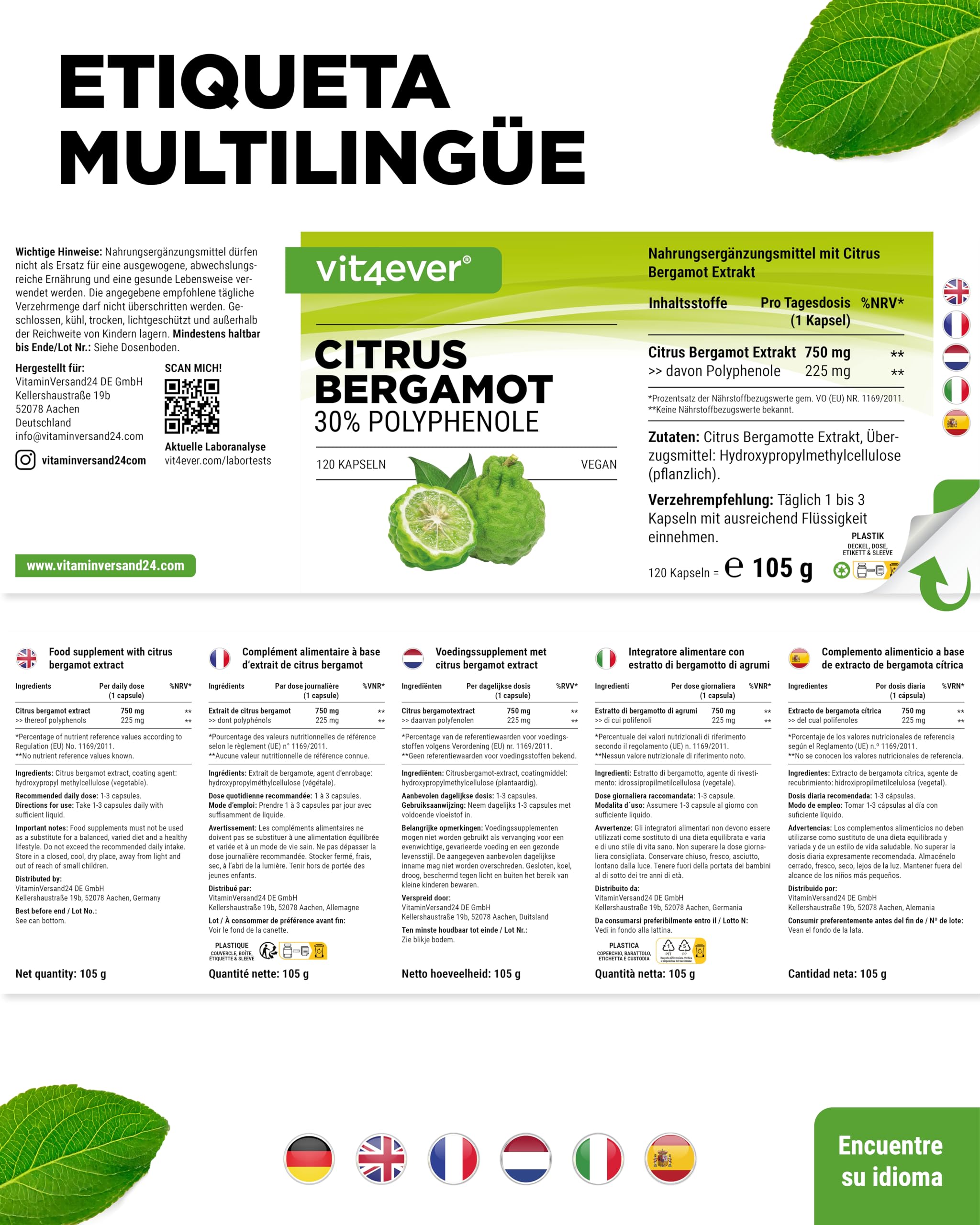 Bergamota cítrica (Citrus bergamia) - 120 cápsulas de alta dosis con 750 mg de extracto por cápsula - Premium: 30% polifenoles - Cruce entre cidra y naranja amarga - Vegano, sin aditivos innecesarios