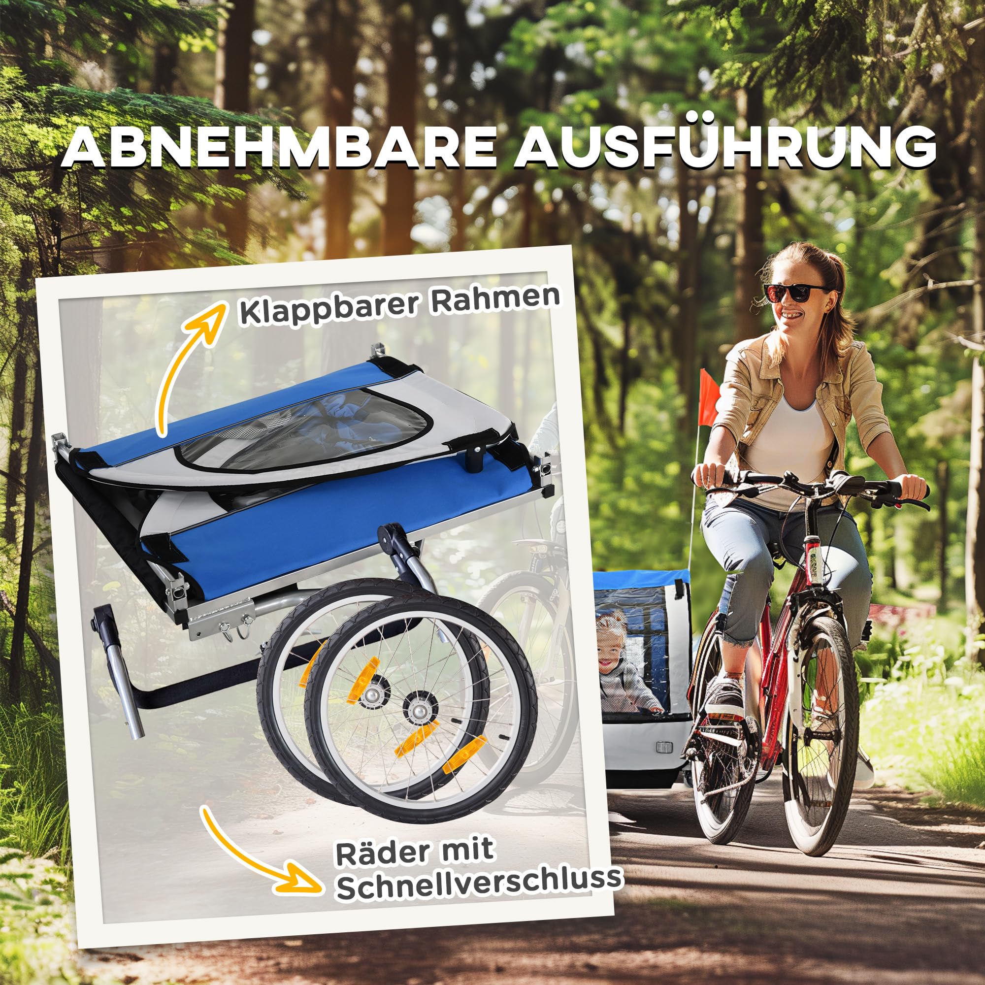 HOMCOM Kinderanhänger Kinderfahrrad geeignet für 2 Kinder, Stahlrahmen, Sitzträger mit Sicherheitsgurt, für Kinder ab 18 Monaten, Oxford-Gewebe, Stahl, 126x78x79 cm, Orange+Blau