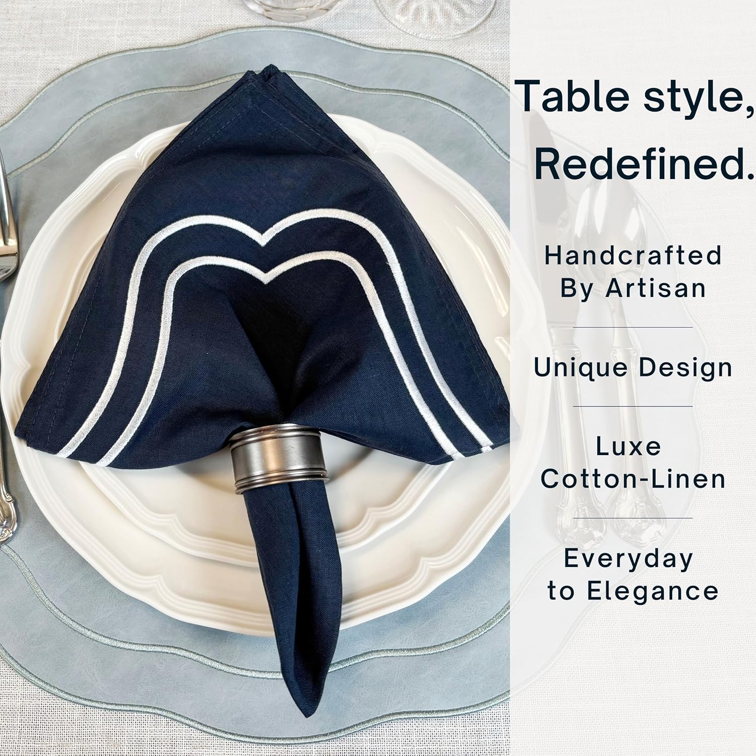 Cotton Linen Scalloped Embroidered Napkins – Set of 4, 20x20 Elegant Cloth Napkin for Dining, Weddings, Spring, Summer & Fourth of JUY, Gift for Mom, Soft, Durable, Reusable, Navy