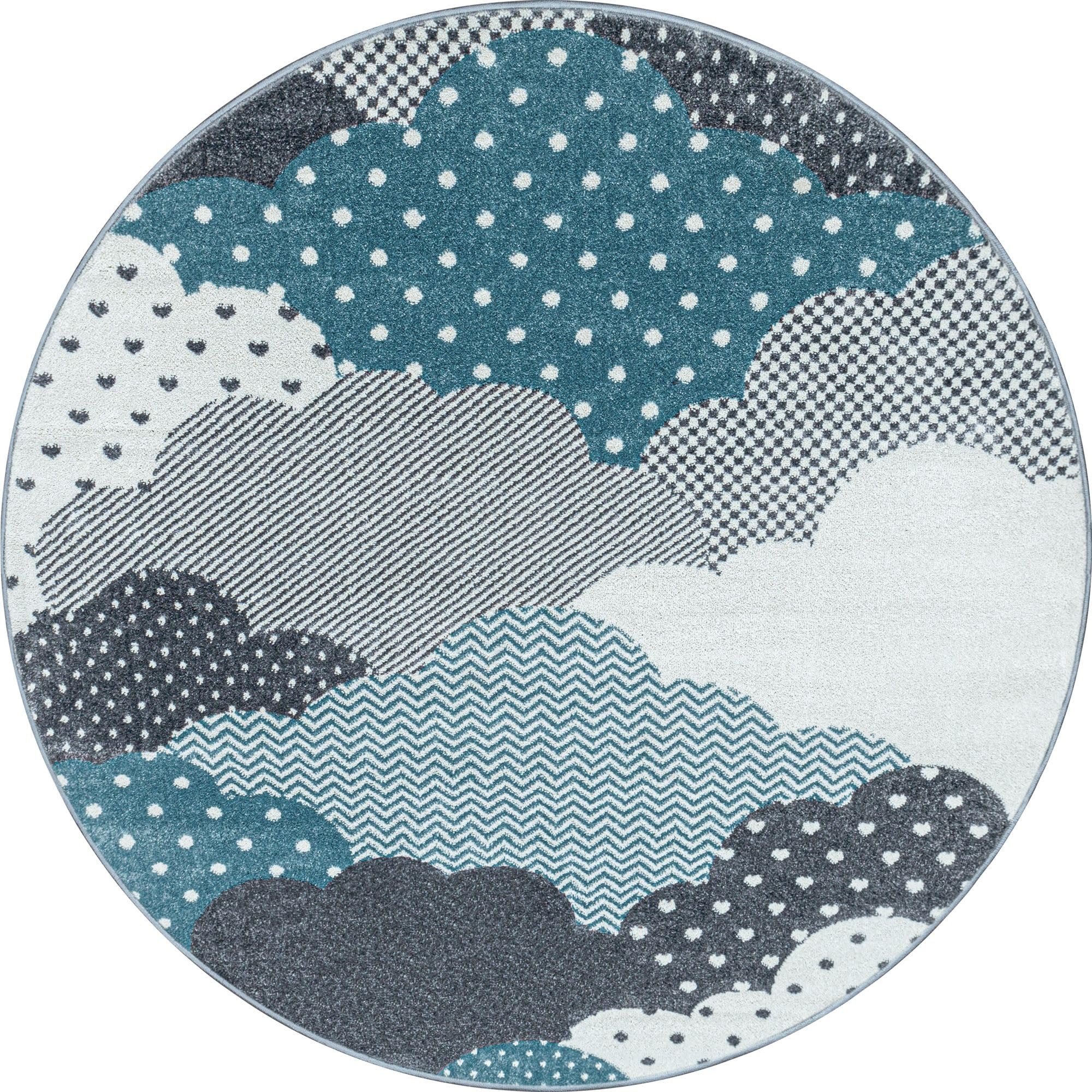 Carpetsale24 Kinderteppich Modern Wolken Design Blau und Grau 160 cm Rund - Kurzflor Teppich Kinderzimmer Waschbarer Spielteppich Babyteppich für Junge und Mädchen Extra Weich und Antiallergen Runder