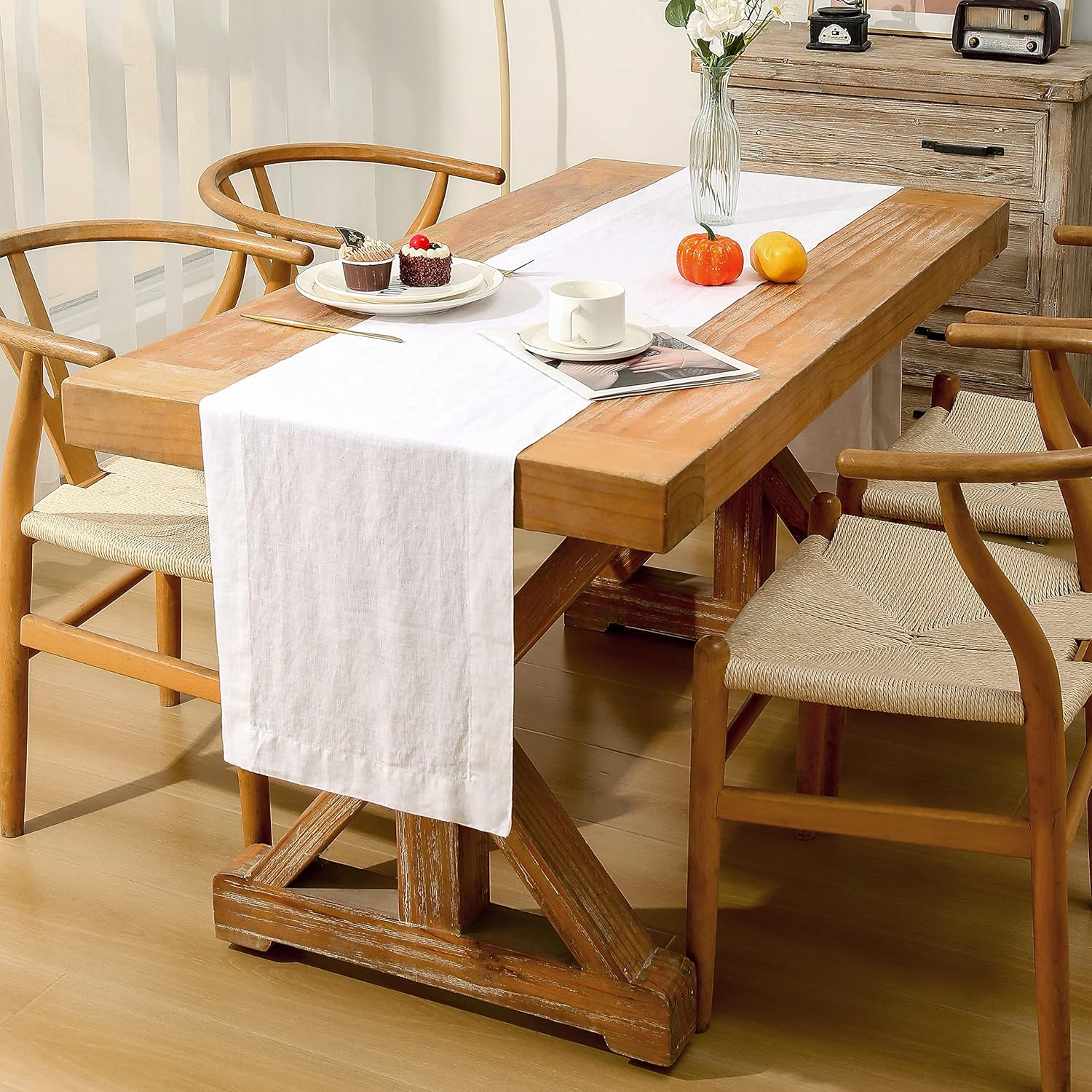 Linen Table Runner 14X60 Inches,100% French Linen Rustic Tablerunner,Machine Washable Dining Table Runner for Fall,Wedding,Party,Halloween,Christmas(White)