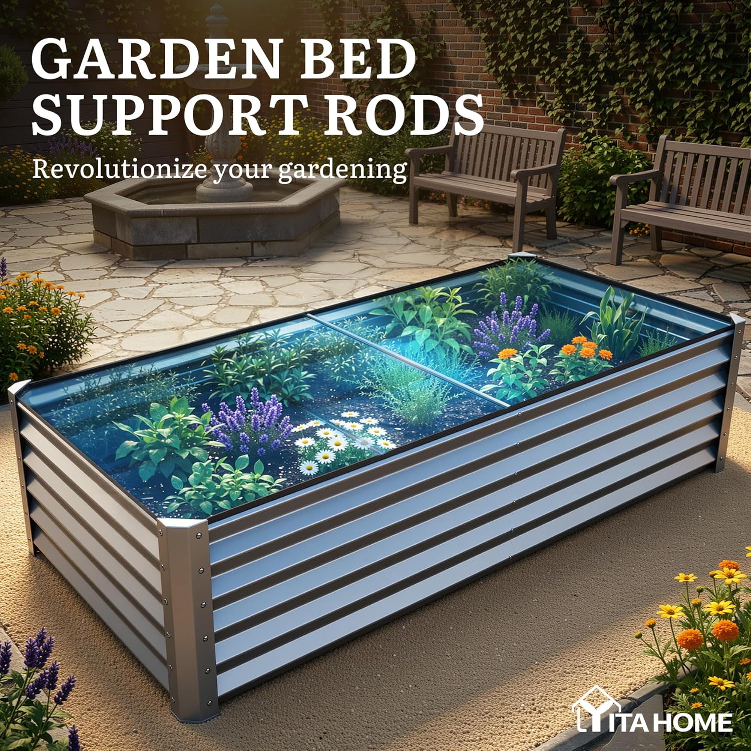 YITAHOME 8x4x1.5ft 2pcs Large Raised Garden Bed Kit, Galvanized Metal Planter Box with Gloves, Ground Nails & Safety Rubber, Outdoor Above Ground Planters for Plants Vegetables Flowers, Silver
