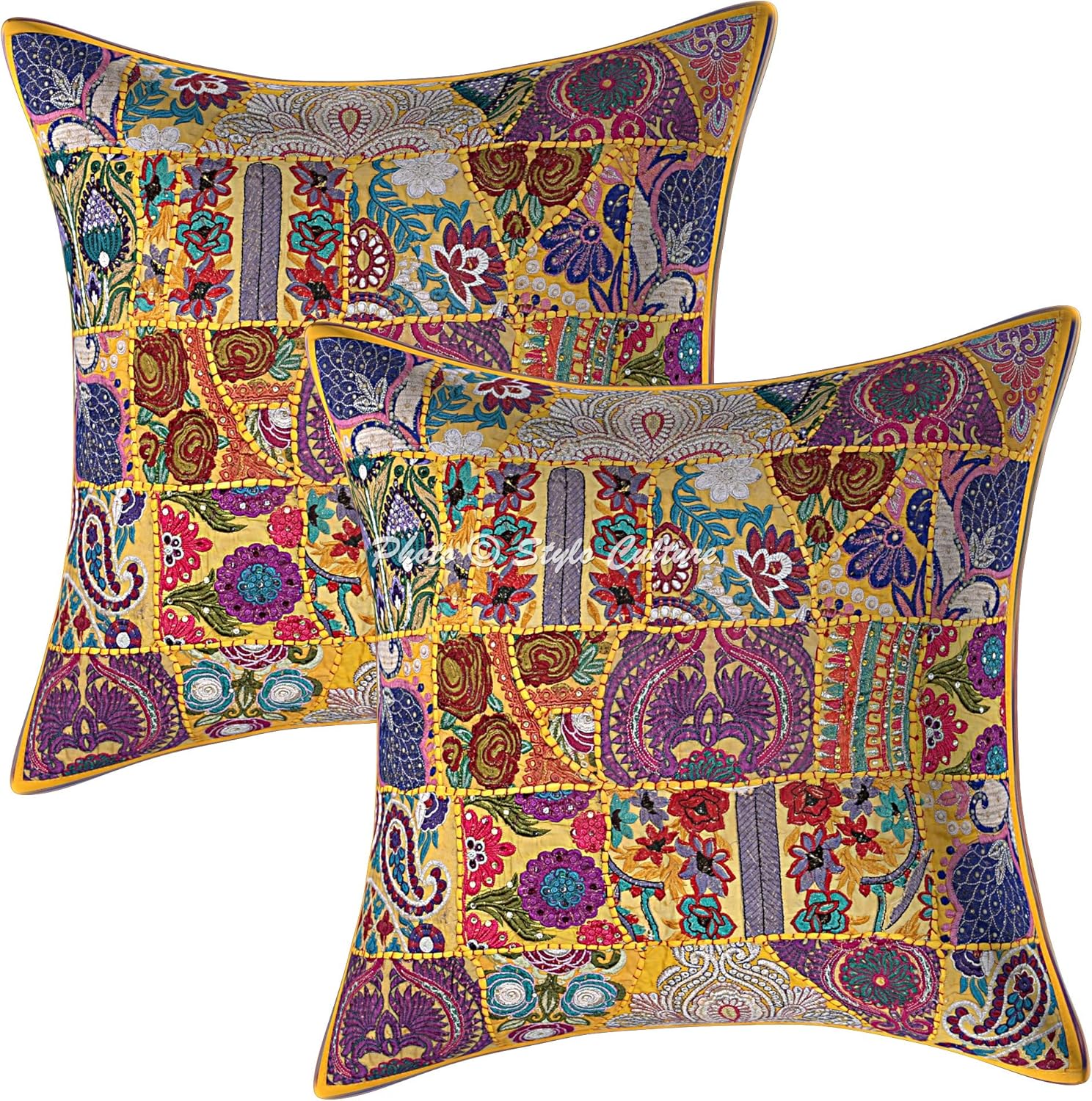 Indian Decorative Sofa Couch Accent Throw Pillow Covers 60x60 cm Cotton Living Room Mango Yellow Abstract Vintage Patchwork Square Envelope Ethnic 24x24 Inch Cushion Covers - 2 Pcs
