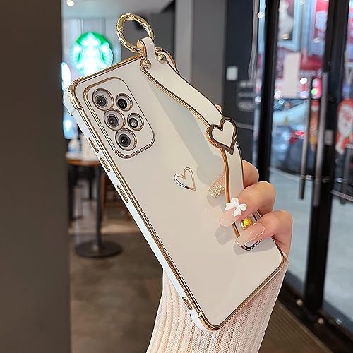 Miniatura 1 de ZTOFERA Funda diseñada para Galaxy A52A52S 5G con pulsera borde chapado patrón de corazones de amor correa de mano soporte para dedos funda suave a