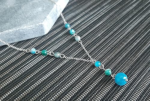 Miniatura 4 de Natural Crystal Bead Blue Apatite Stone Y Shaped Lariat Necklace Non-Tarnish Steel Chain