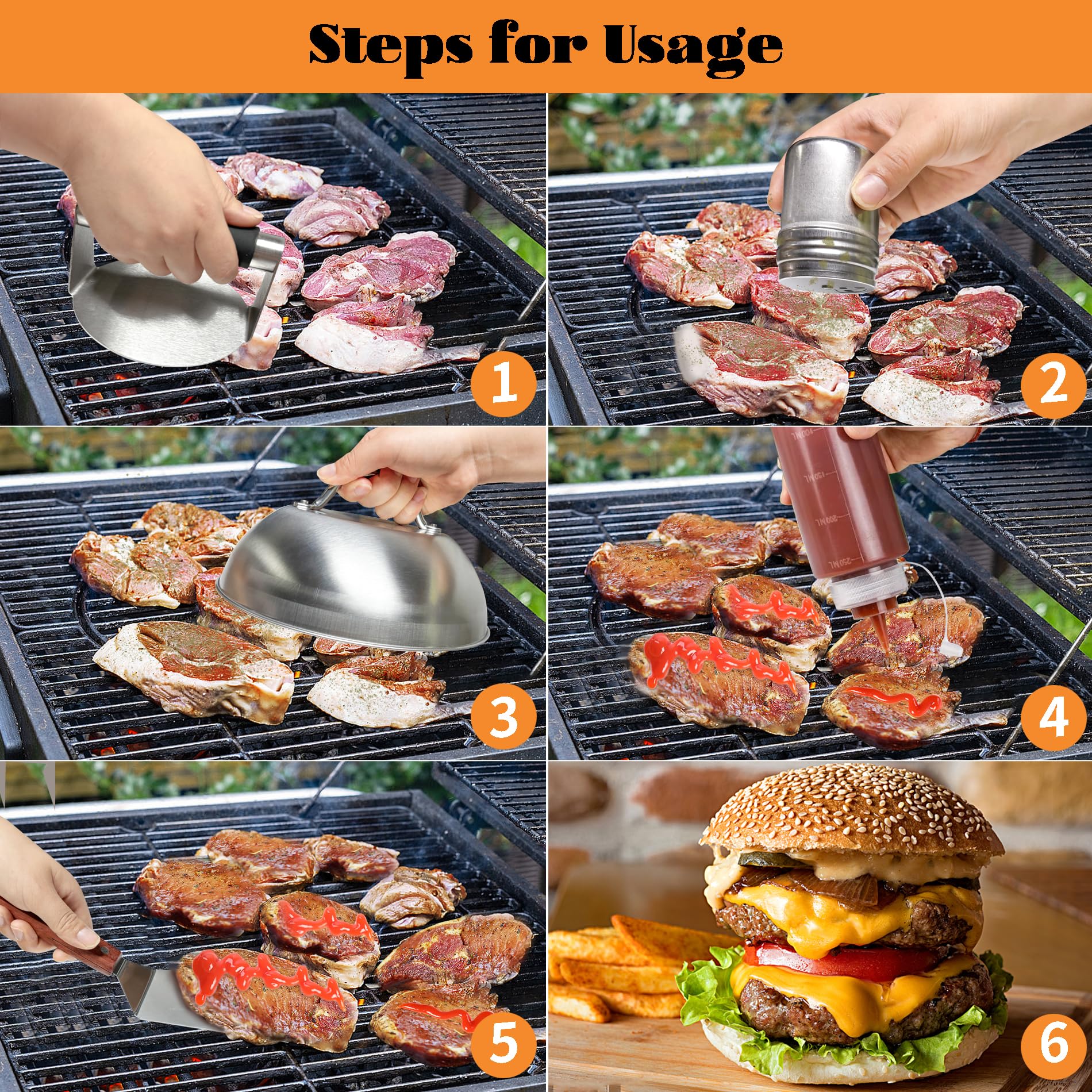Hmfmdy Burger Press Kit, Burger Smasher & Metal Burger Spatula, Burger Dome, Spice Dredge Shaker, Squeeze Bottles - Image 4