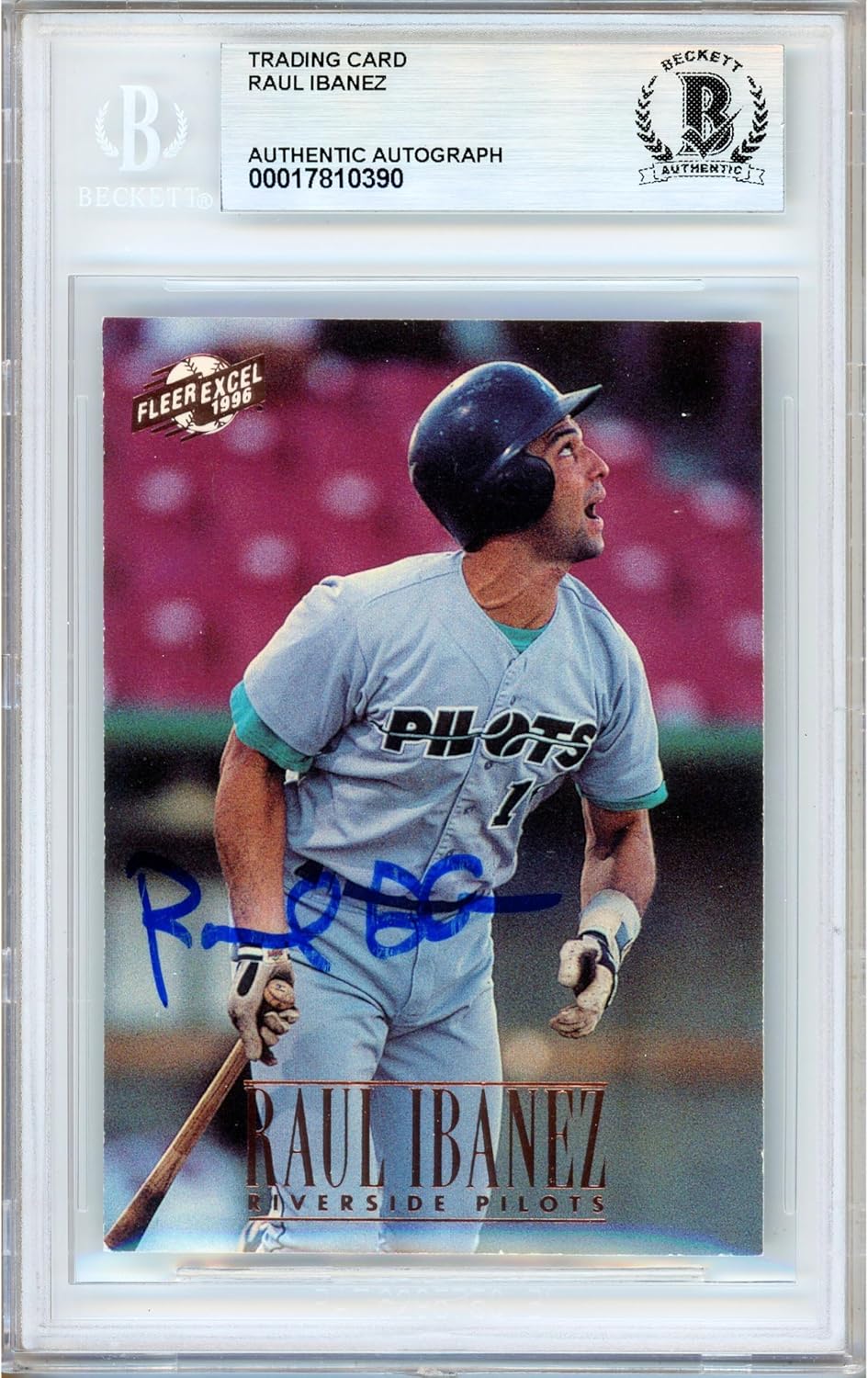 Raul Ibanez Autographed 1996 Fleer Excel #105 Rookie Baseball Card Slabbed Beckett BAS Authentic Slab COA Played For Seattle Mariners MLB