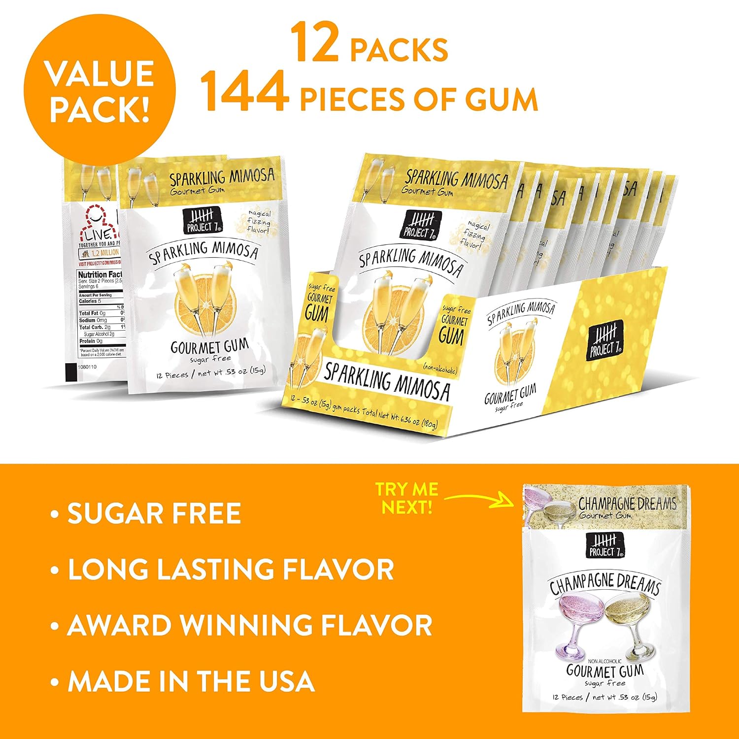 Project 7 Sugar Free Gum | Long Lasting Gourmet Bubble Gum | Low Carb & Low Calorie Chewing Gum | 12 Packs (144 Pieces) - Sparkling Mimosa