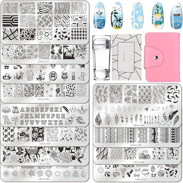 BUDOCI Nail Stamping Kit 12Pcs Nail Template Set Nail Plates Nail Stamping Templates with 2 Stamper 2 Scraper 1 Nail Plate Storage Bag Organizer