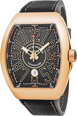 Franck Muller Vanguard Mens 18K Rose-Gold Case Grey Face Automatic Date Grey Rubber Strap Swiss Watch V 45 SC DT 5N TT