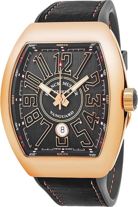 Franck Muller Vanguard Mens 18K Rose-Gold Case Grey Face Automatic Date Grey Rubber Strap Swiss Watch V 45 SC DT 5N TT