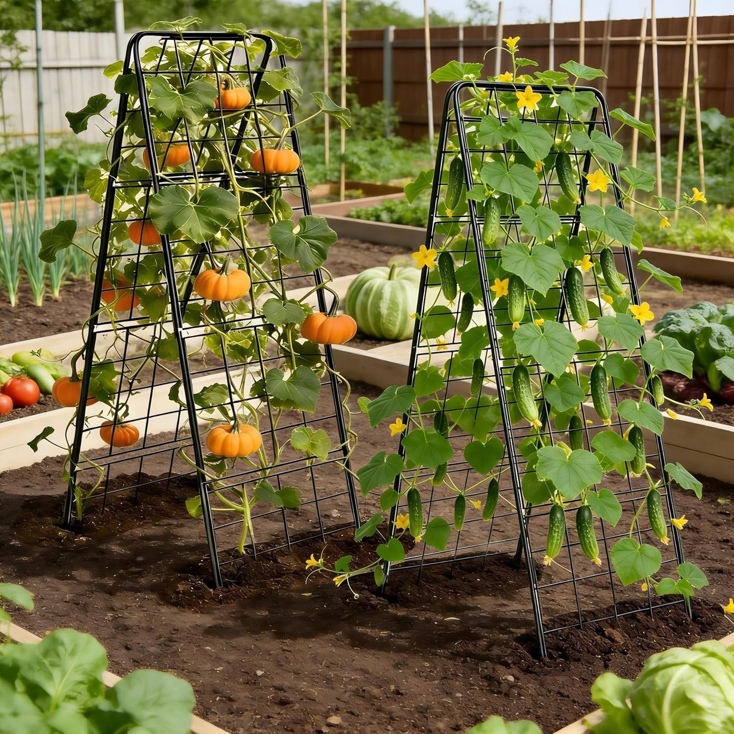 Garden Trellis for Cucumbers, 50” x 16“ Adjustable A-Frame Plant Support for Climbing Plants Outdoor, Vegetable, Flowers, 2 Pack Heavy Duty 1cm Metal Vegetable Trellis for Backyard, Raised Bed, Patio