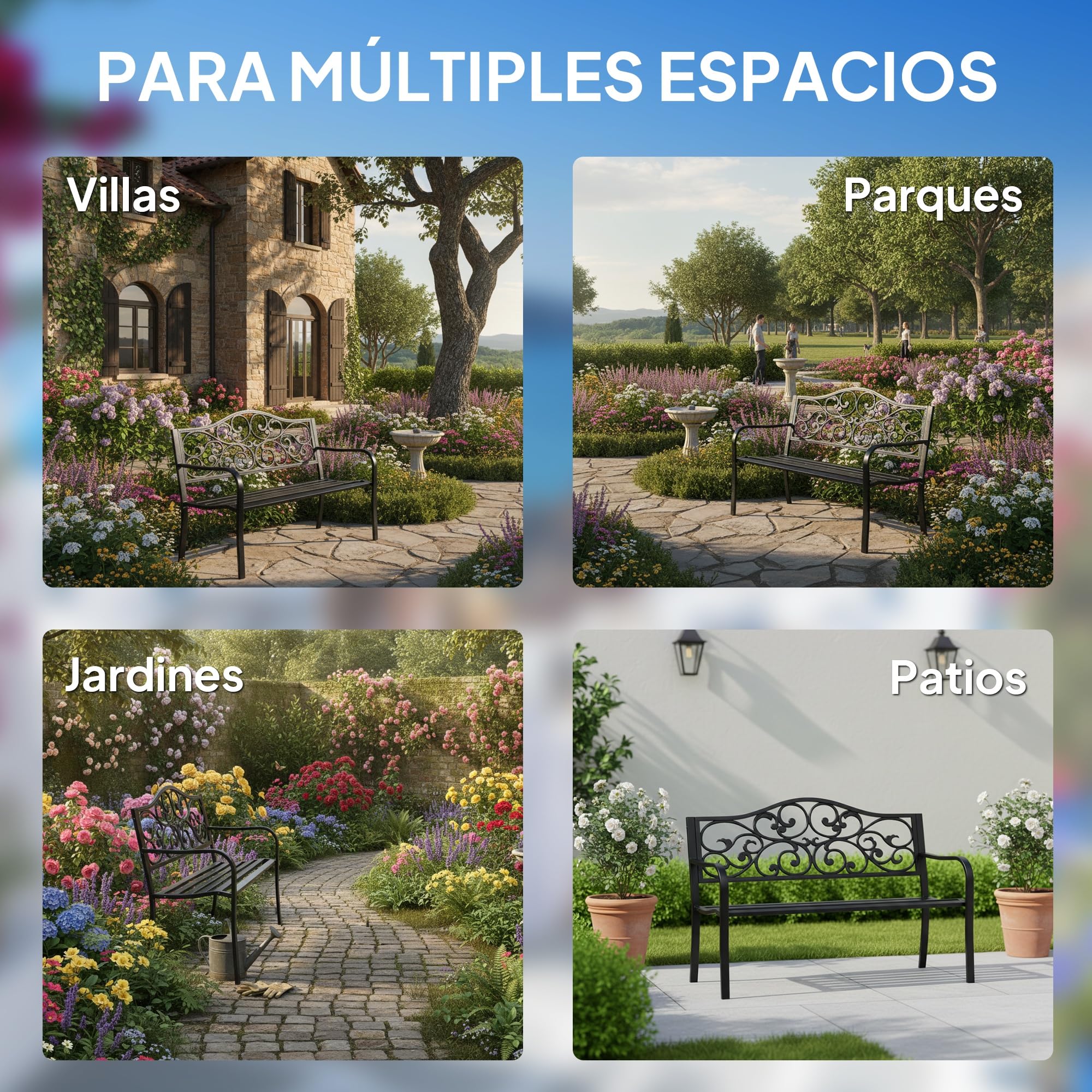 Outsunny Banco de Jardín de Acero Banco Exterior con Respaldo y Reposabrazos Carga 240 kg para Patio Terraza Balcón 127x60x89 cm Negro