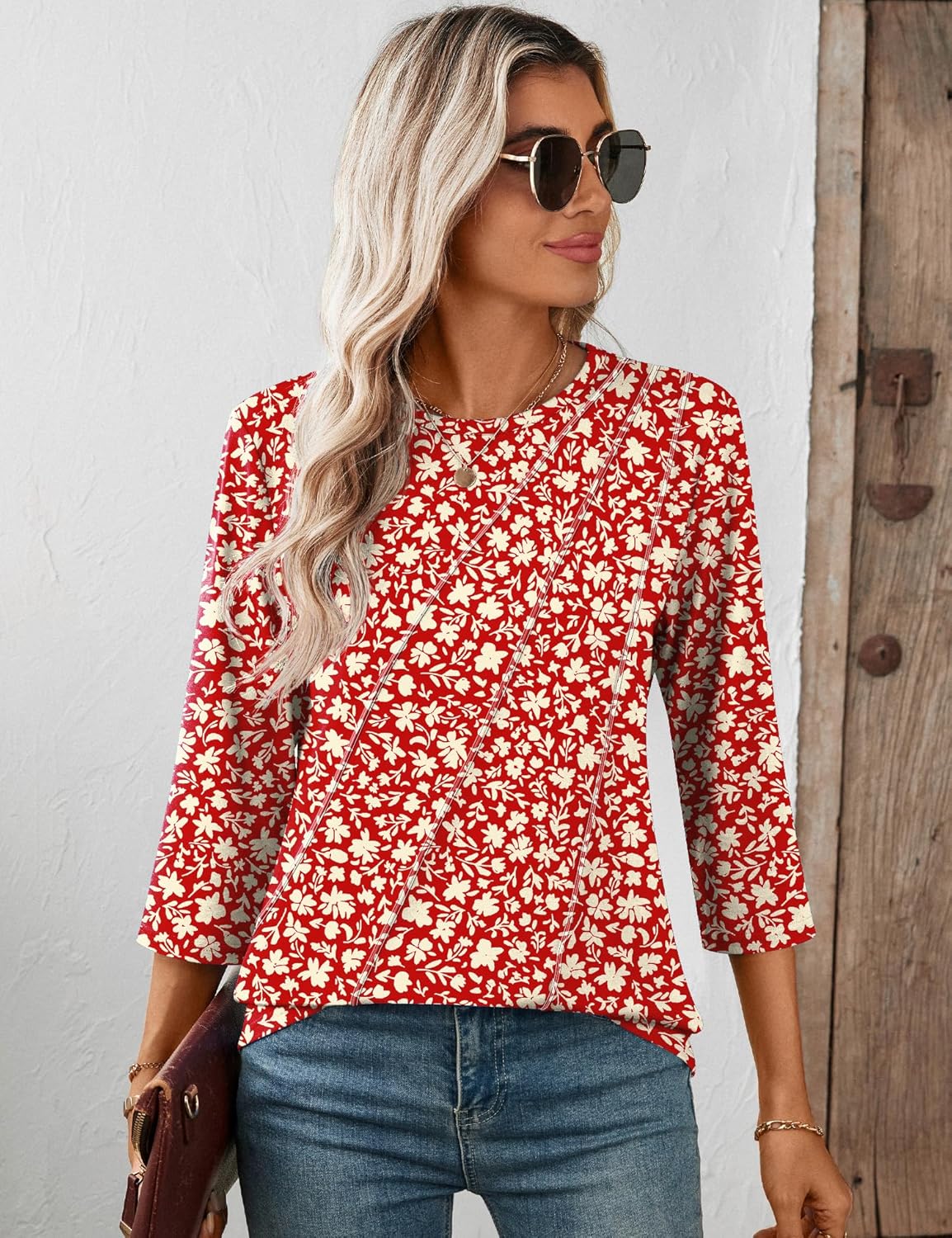 LOMON 3/4 Length Sleeve Womens Tops Spring Summer Fashion 2026 Tops Crew Neck Pleated Shirts Tunic Top Loose Fit - Image 5