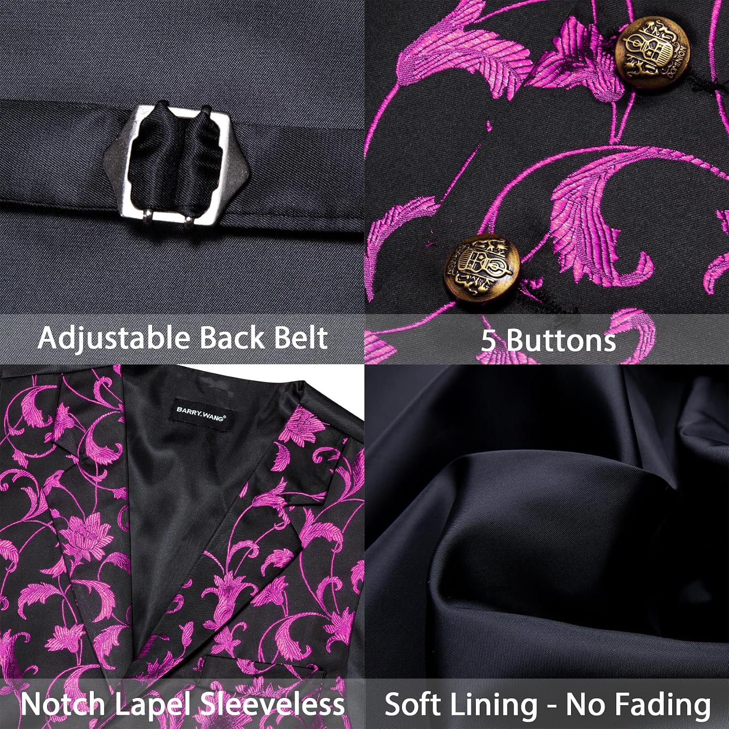 Barry.Wang Mens Silk Vest Bowtie Sleeve Holder Set Lapel Collar Formal Bow Tie Vests Handkerchief Wedding Party Waistcoat