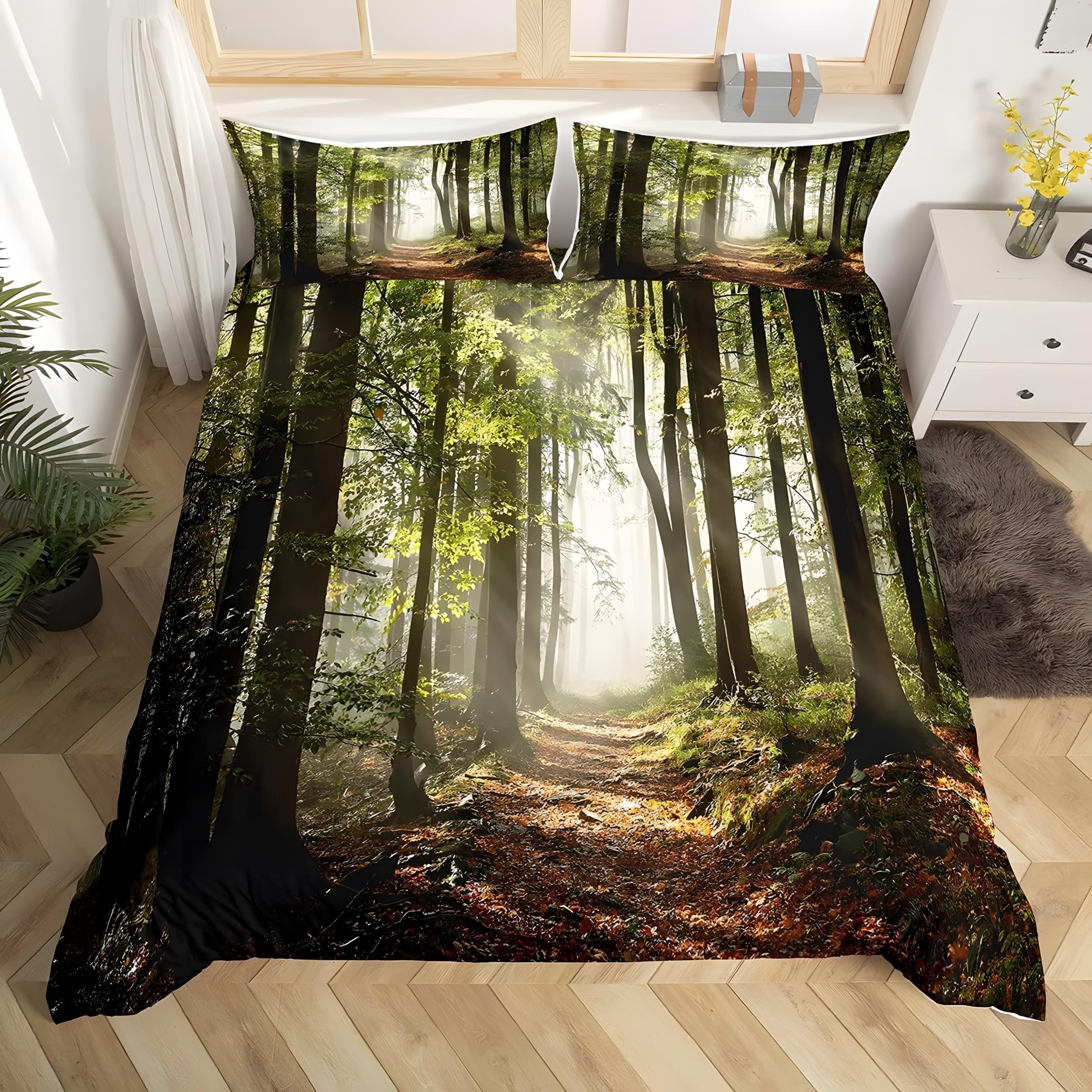 YZQGLHP Forest Path Small Double Duvet Cover Set 135x220cm – 3D Print Green and Brown Lightweight Microfiber Bedding, Soft Quilt Cover with Zipper & 2 Pillowcases 50x75cm