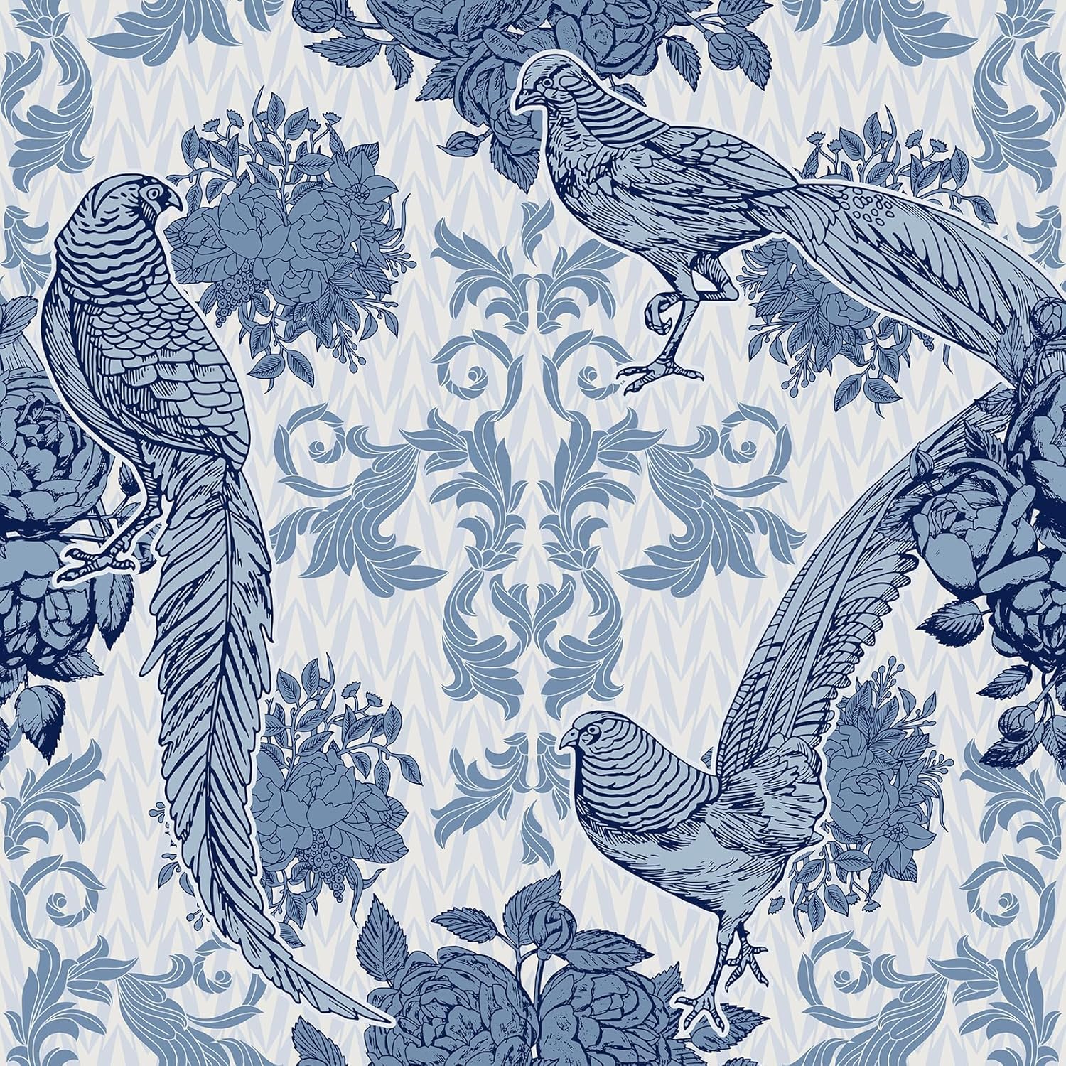 VaryStyle Antique Birds Floral Peel and Stick Wallpaper Boho Vintage Navy Blue Pheasant Floral Wallpaper for Bathroom Bedroom 17.7"x118" Removable Self Adhesive Boho Contact Paper for Cabinets Walls