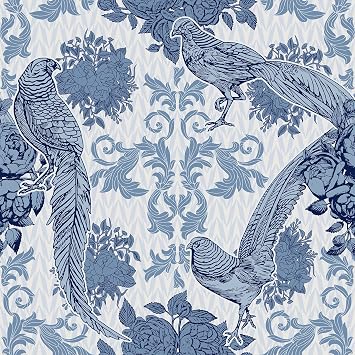 VaryStyle Antique Birds Floral Peel and Stick Wallpaper Boho Vintage Navy Blue Pheasant Floral Wallpaper for Bathroom Bedroom 17.7"x118" Removable Self Adhesive Boho Contact Paper for Cabinets Walls