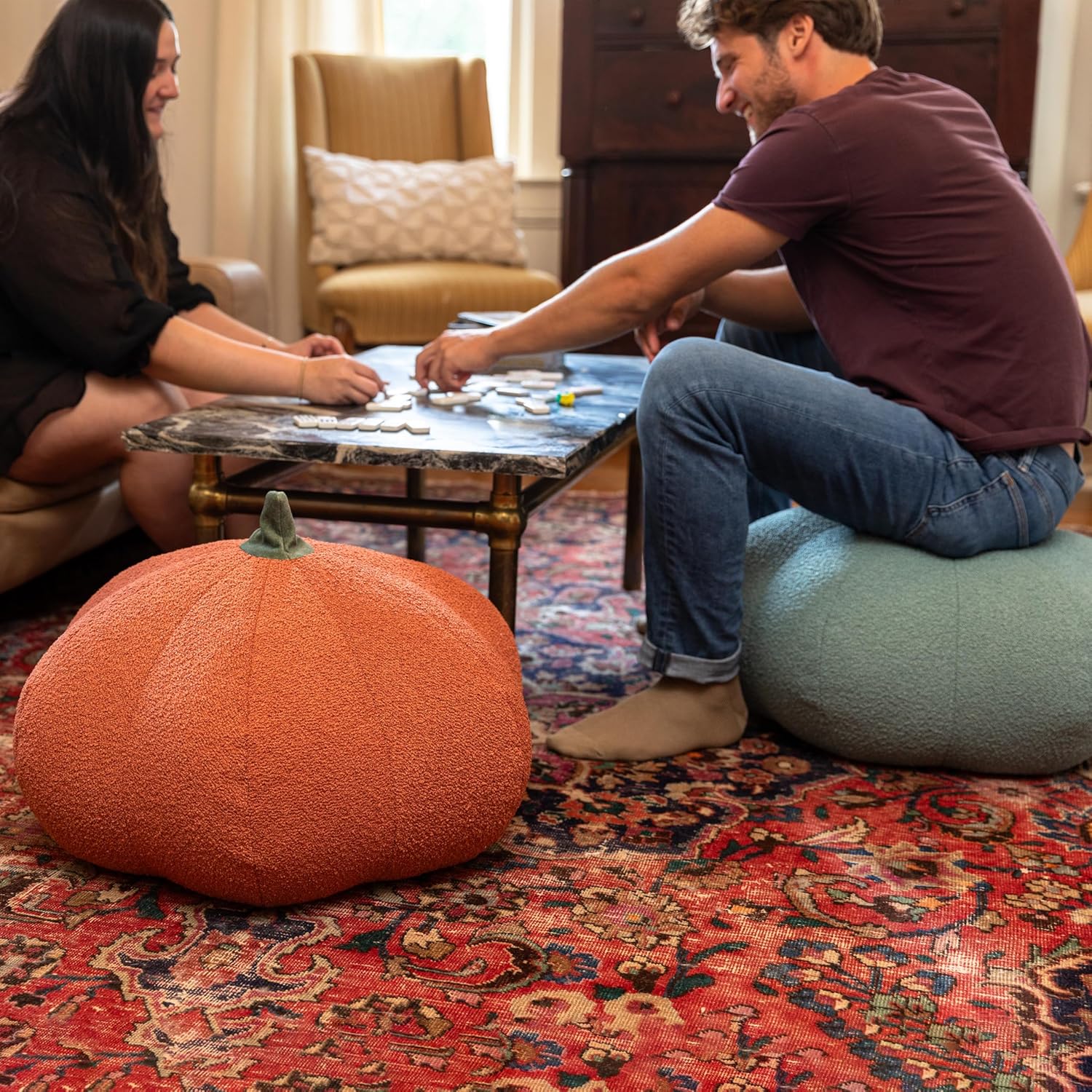Jaxx Pumpkin Pouf - Luxurious Ottoman for Fall & Halloween Décor - Boucle Terra Cotta