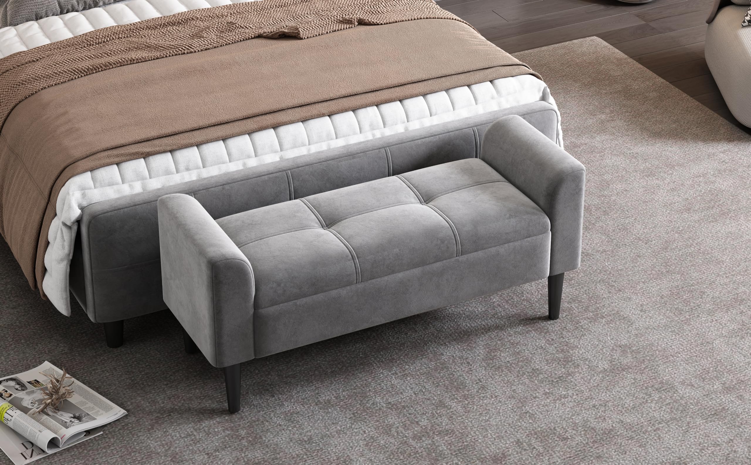 Panca Imbottita con Braccioli in Velluto, Bettbank con Steppmuster e Contenitore, MDF, Multiuso per Camera da Letto, Pianoforte ed Esszimmer, Grigio, 116 x 44 x 56 cm