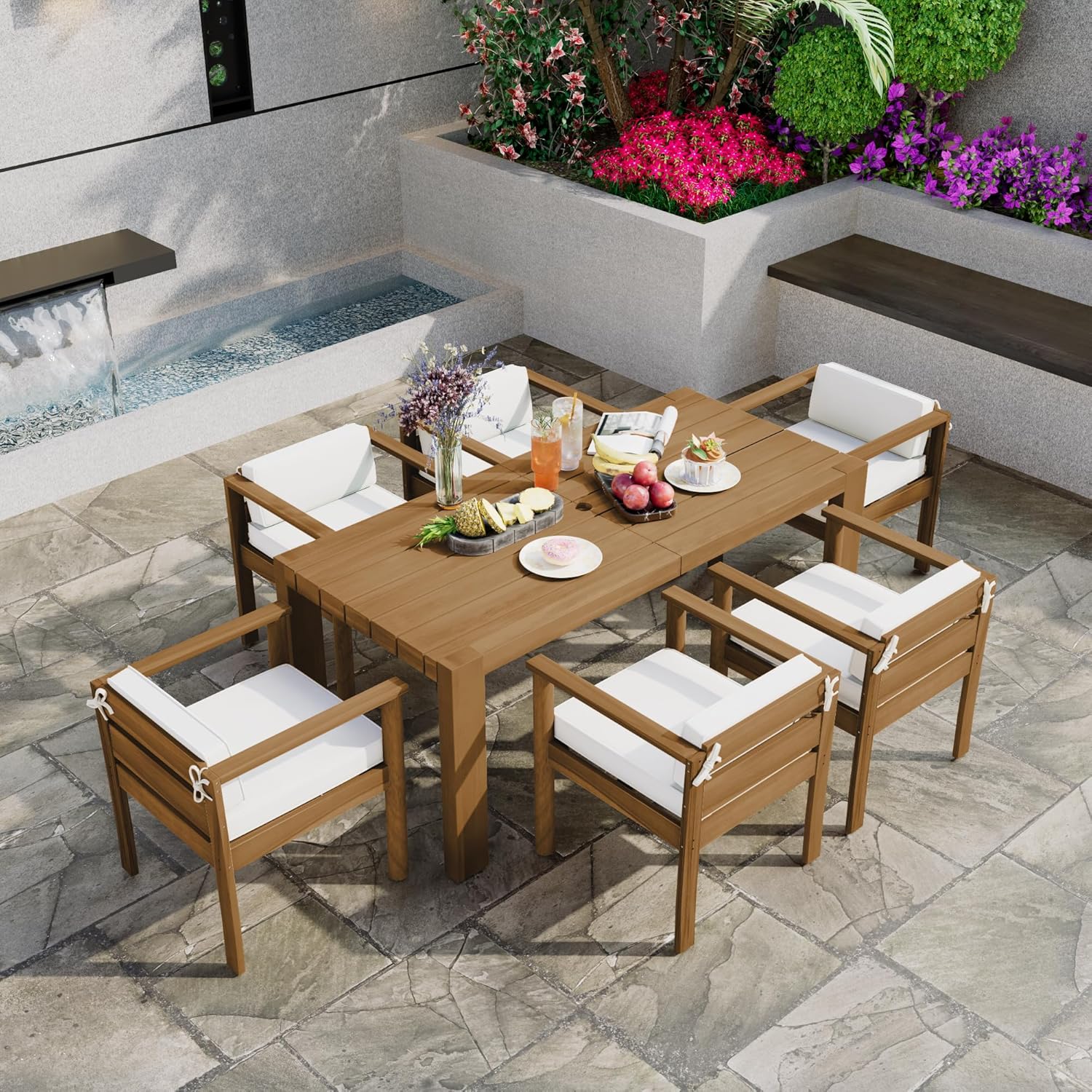 7-Piece Patio Dining Table Set for 6, Outdoor Furniture Sets with 72.8" Rectangle Table and Removable Cushions,for Backyard Garden Poolside (Light Teak+Beige#m)