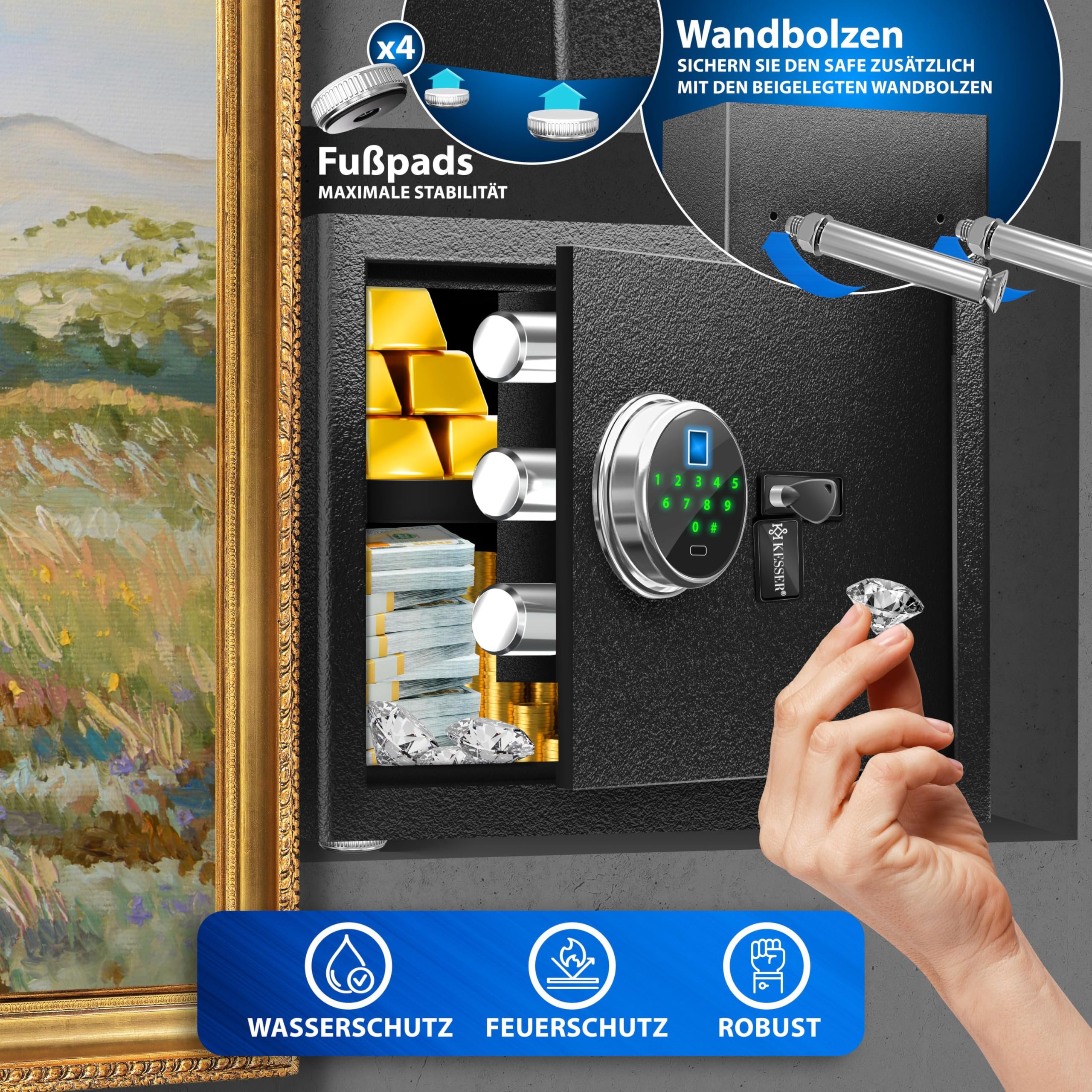 KESSER® Elektr. Tresor mit Fingerabdruck & Schlüssel M | Inkl. Notfallakku | Elektronischer Safe | 3x Doppelbolzenverriegelung | Boden Wandtresor | Möbeltresor | Panzerschrank Zahlenschloss Schwarz