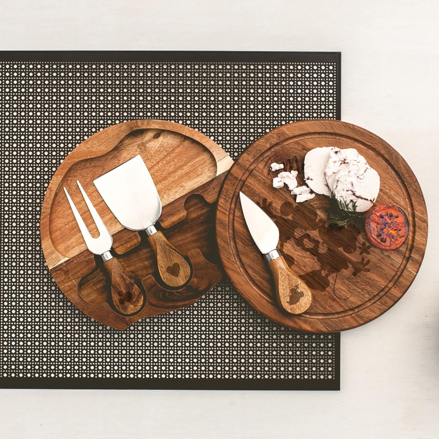 PICNIC TIME Disney Mickey & Minnie Acacia Brie Cheese Board & Knife Set, Swivel Charcuterie Platter with Hidden Tool Drawer, Premium Cheese Board & Disney Gift for Entertaining, (Acacia Wood)