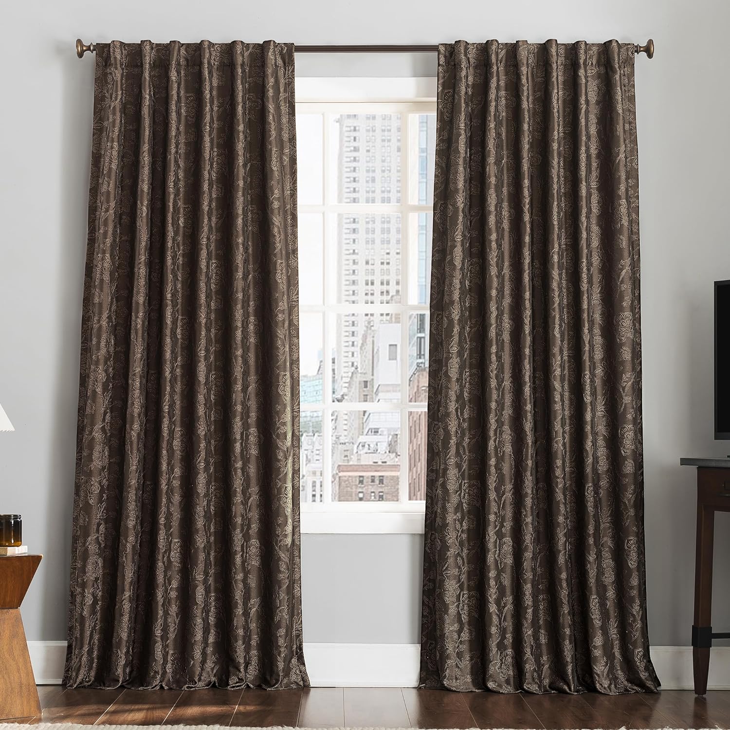 Sun Zero Brookhaven 2-Pack Embroidered Floral Pleated Look 100% Blackout Back Tab Curtain Panel Pair, 50" x 84", Chocolate Brown