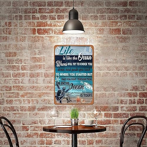 Miniatura 8 de Póster de metal Life Is Like The Ocean Turtle de 12 x 8 pulgadas, decoración de pared náutica de playa costera, color verde azulado, cita