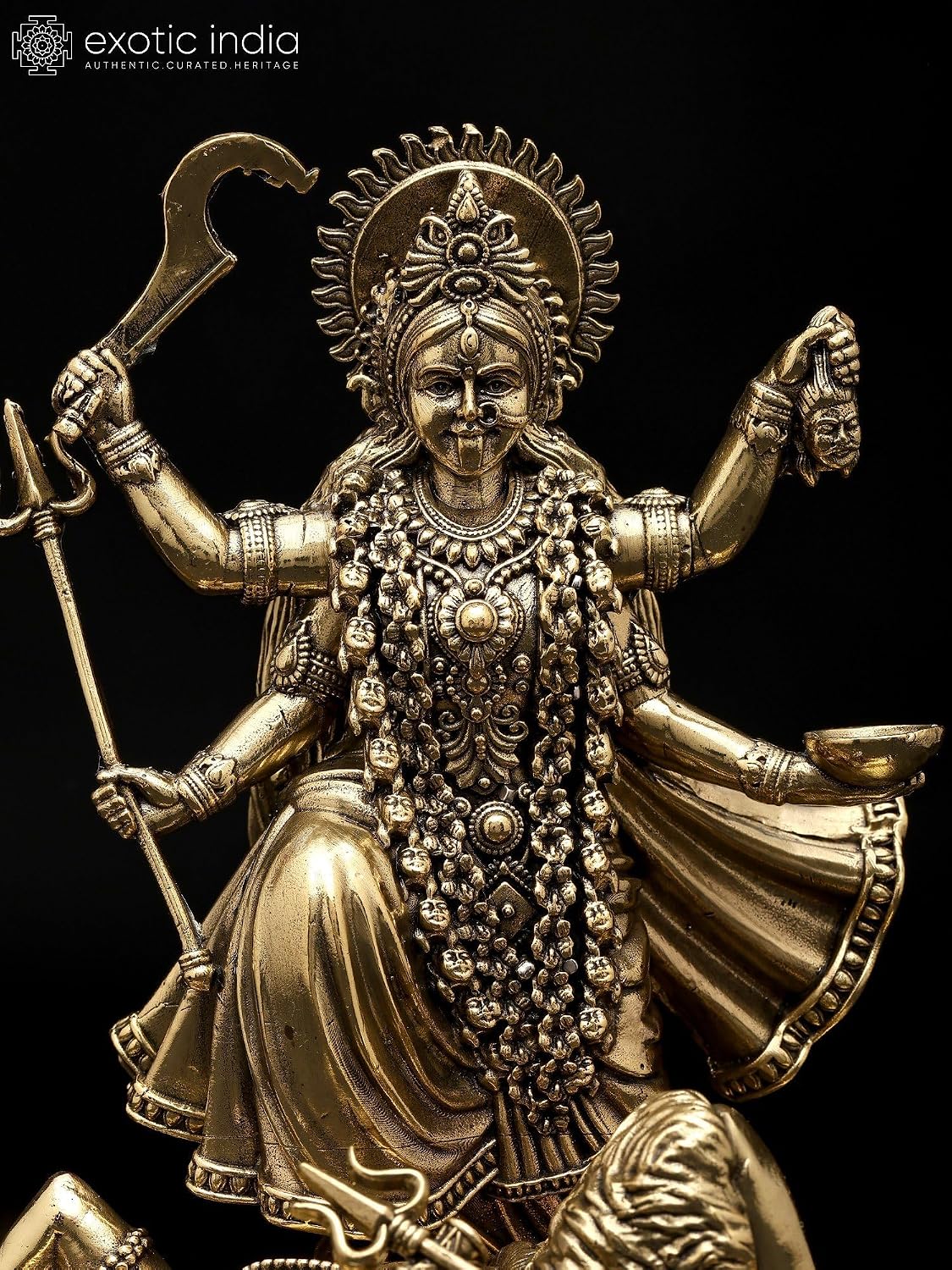 Exotic India 5" Small Superfine Goddess Kali Maa Standing on Lord Shiva Brass Statue Warrior Goddess Collectible for Home Temple
