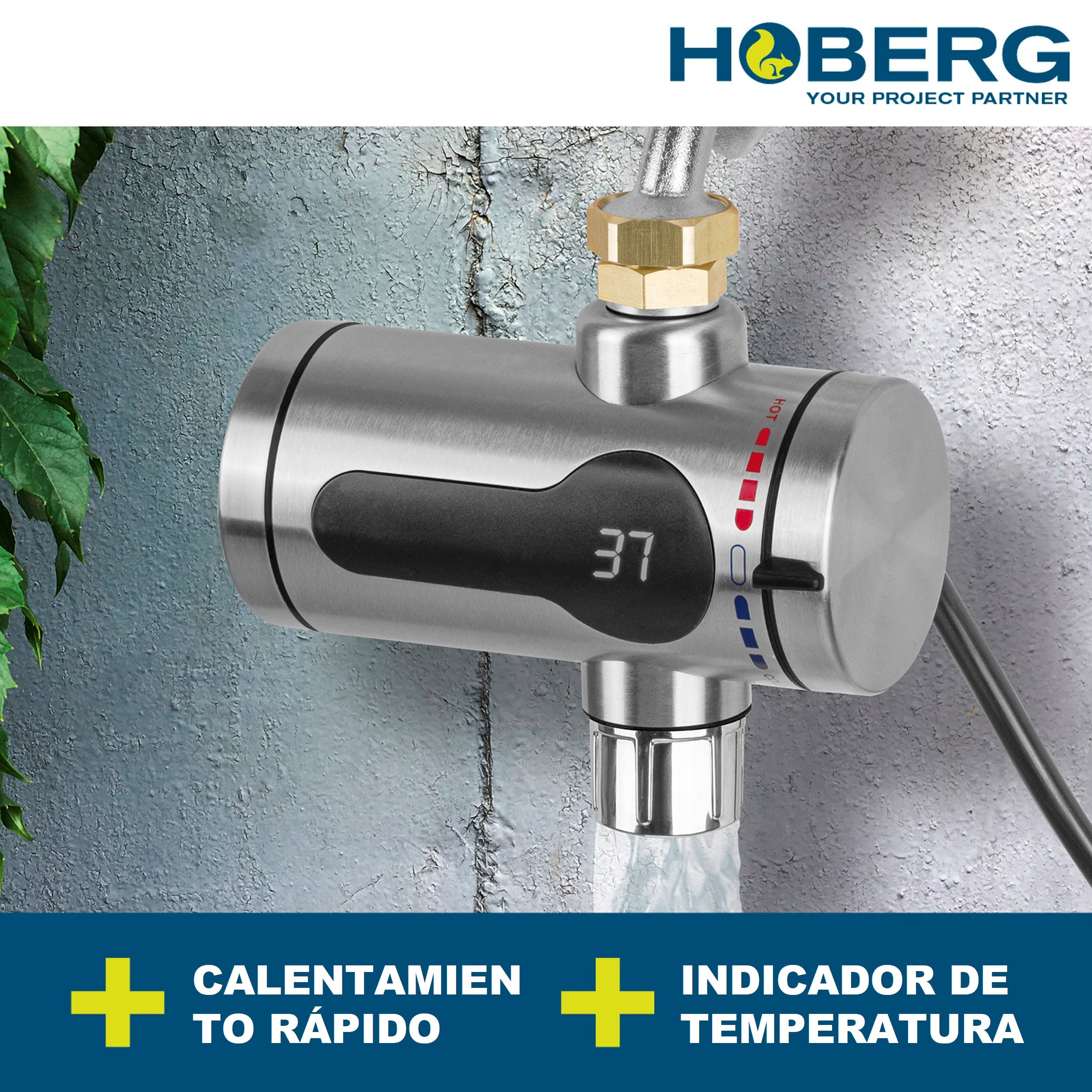 Hoberg Calentador eléctrico de agua instantáneo | Calentamiento rápido | Con indicador de temperatura | Para interior y exterior | Sin depósito de agua [máx. 3600 W]