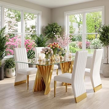5 Piece Dining Table Set, Dining Table Set for 4, Clear Glass Dining Room Table with 4 White Faux Leather Upholstered Dining Chairs