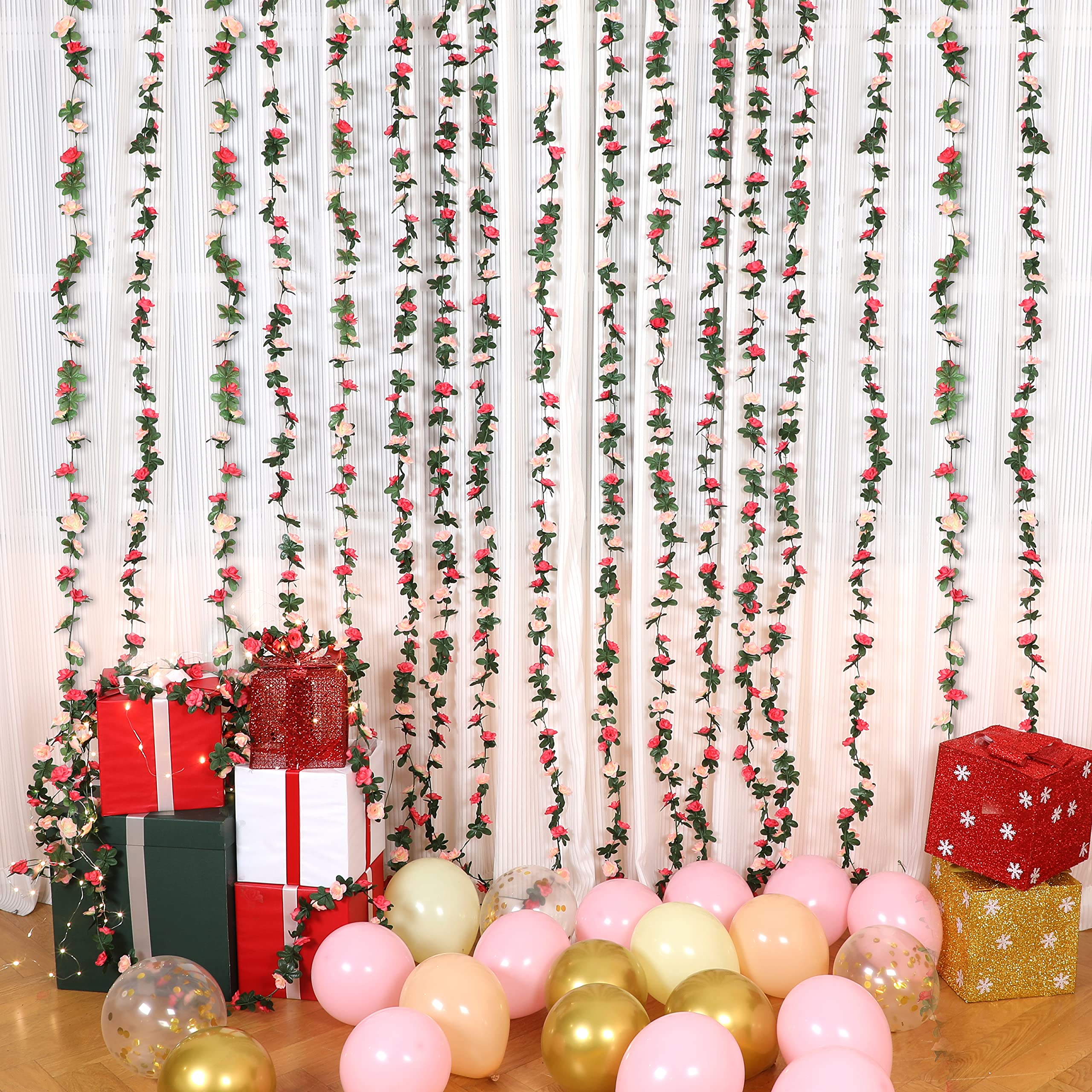 BLEUM CADE 5 Stück 14 m Blumengirlande künstliche Rosenranken mit 5 Stück 10 m künstlichen Efeuranken, hängende künstliche Blumenranken für Hochzeit, Party, Valentinstag, Weihnachten, Wanddekoration,