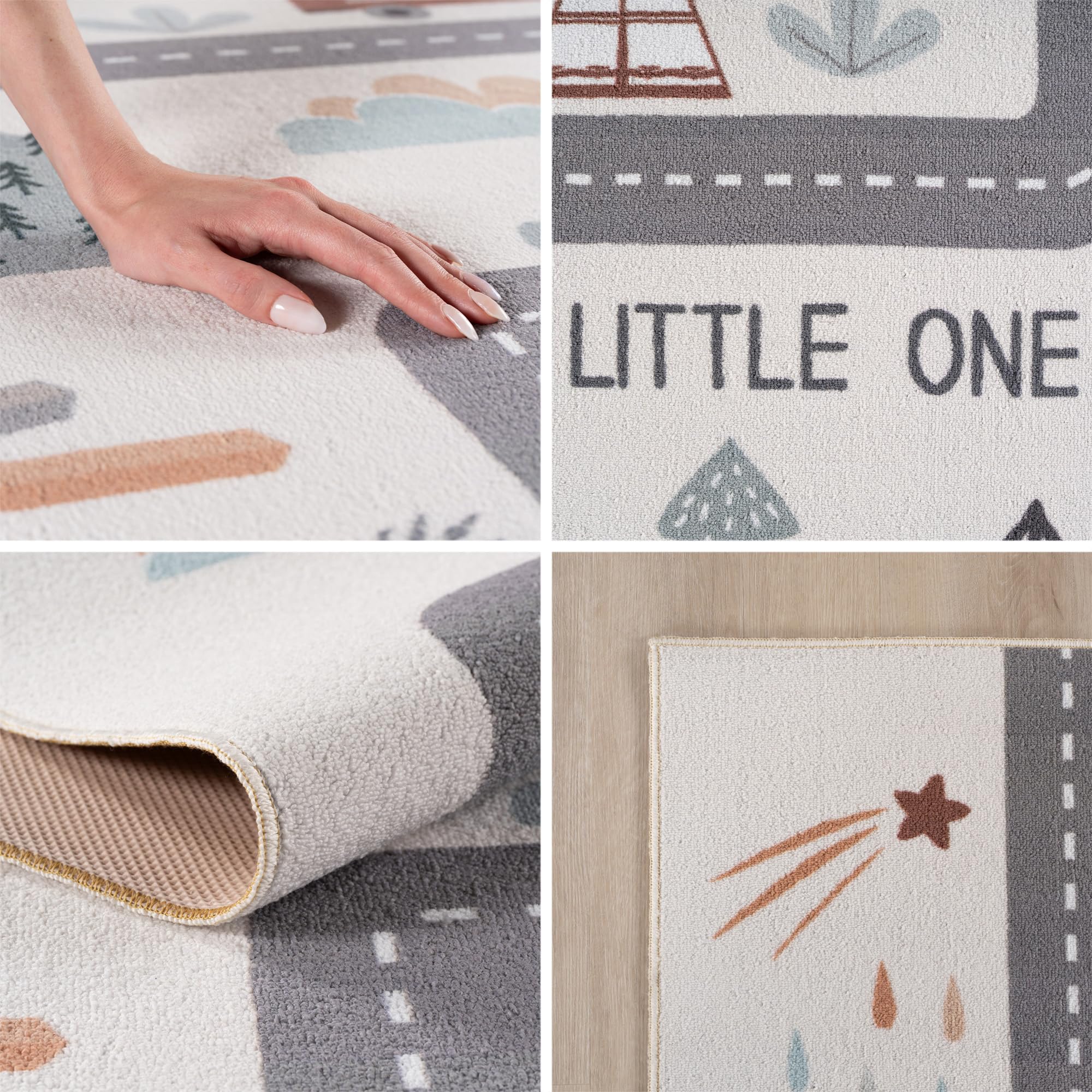 SIMPEX Tappeto per Bambini Strade Tappeto Gioco per Cameretta in Crema con Motivo Veicoli e Natura misura 160x230 cm perfetto per camerette grandi