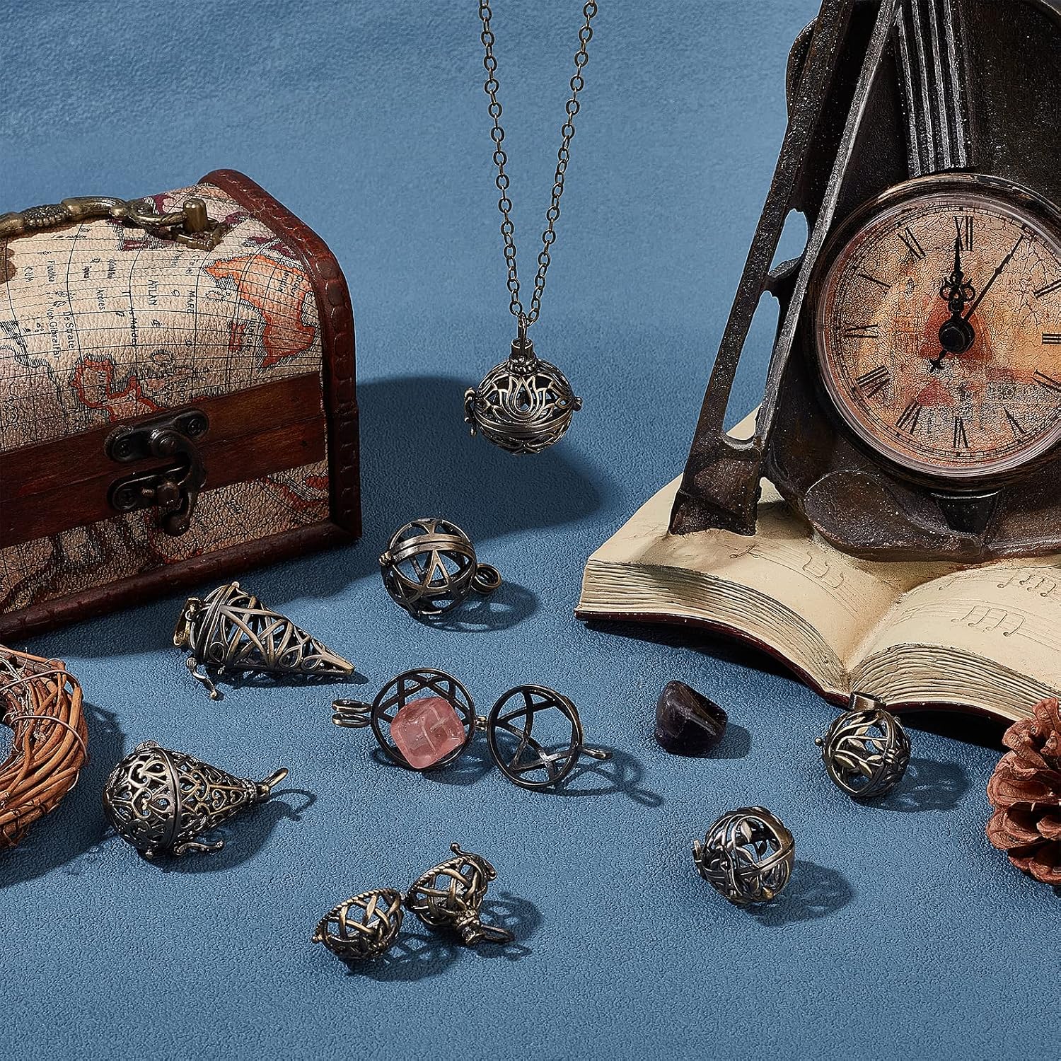 SUNNYCLUE 10Pcs Brass Locket Charms Cage Pendants Chime Ball Pendant Bulk Tree of Life Stone Holder Necklace Cage Locket Charms for Jewelry Making Hollow Empty Hexagram Charm Keychain Supplies Craft