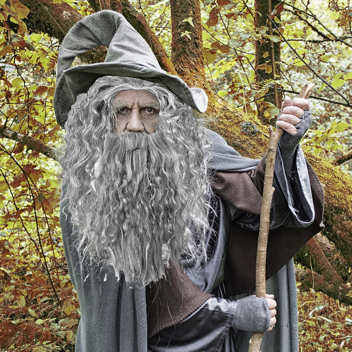 Gray Wizard Wig and Beard Set, Long Gray Wizard Wig with Fake Beard & Mustache, Adult Mens Wizard Costume Accessory for Halloween Cosplay, Carnival, Christmas Party Dress Up - Image 6