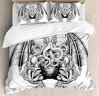 Ambesonne Kraken Duvet Cover Set, Cthulhu Monster Evil Fictional Cosmic Monster in Woodblock Style Illustration Print, Decorative 3 Piece Bedding Set with 2 Pillow Shams, King Size, White Charcoal