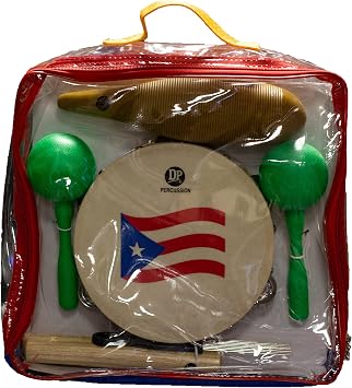 DP Music Parranda Kit Percussion with Carrying Bag - Puerto Rico Flag 8 Inches Tambourine - Claves - Plastic Guiro & Maracas Maracas Green