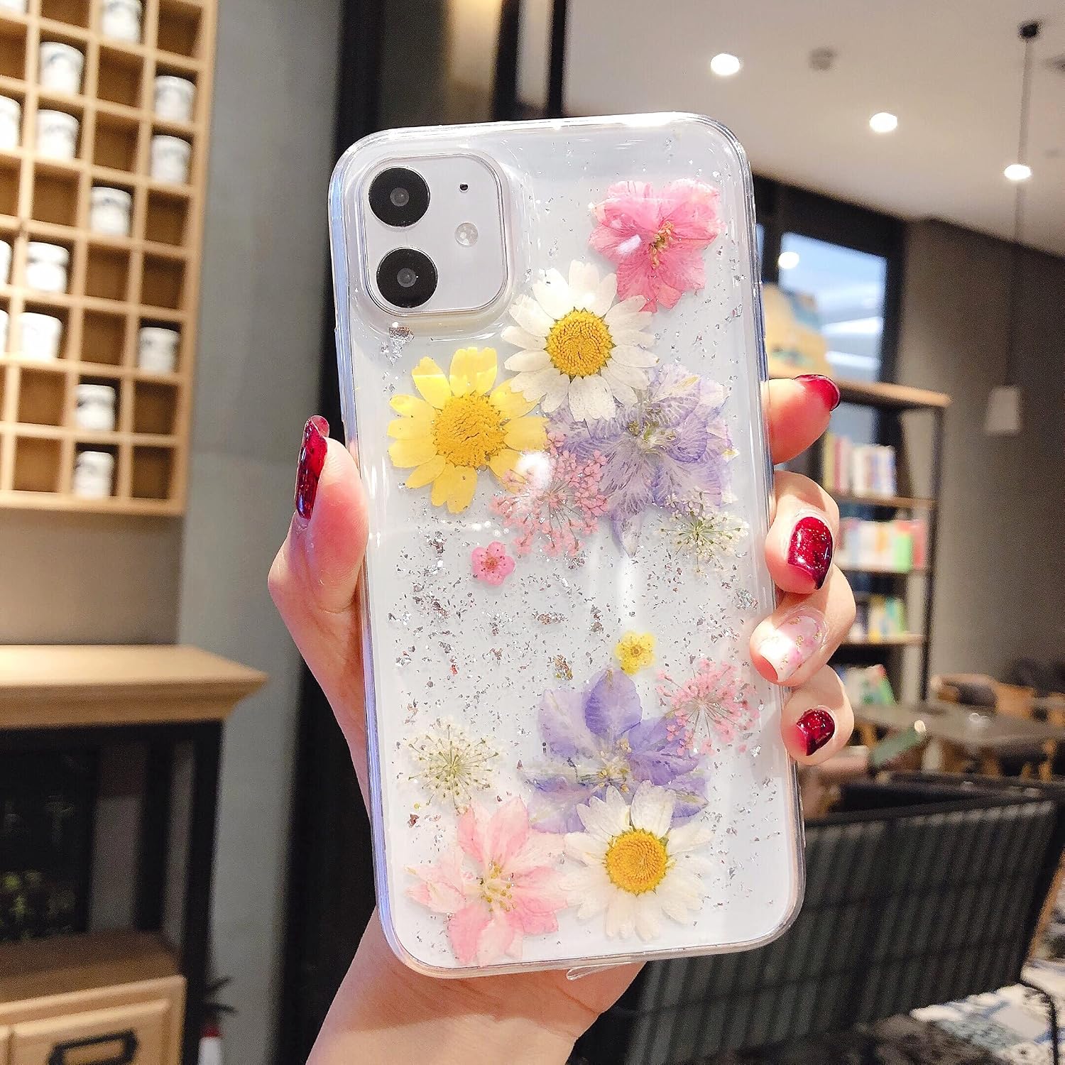 EYZUTAK Case for iPhone 11 6.1 inch, Bling Glitter Sequin Handmade Real Dried Flower Leaf Embedded Pressed Floral Flexible Soft Rubber Gel TPU Protective Bumper Back Cover - Blue+Pink
