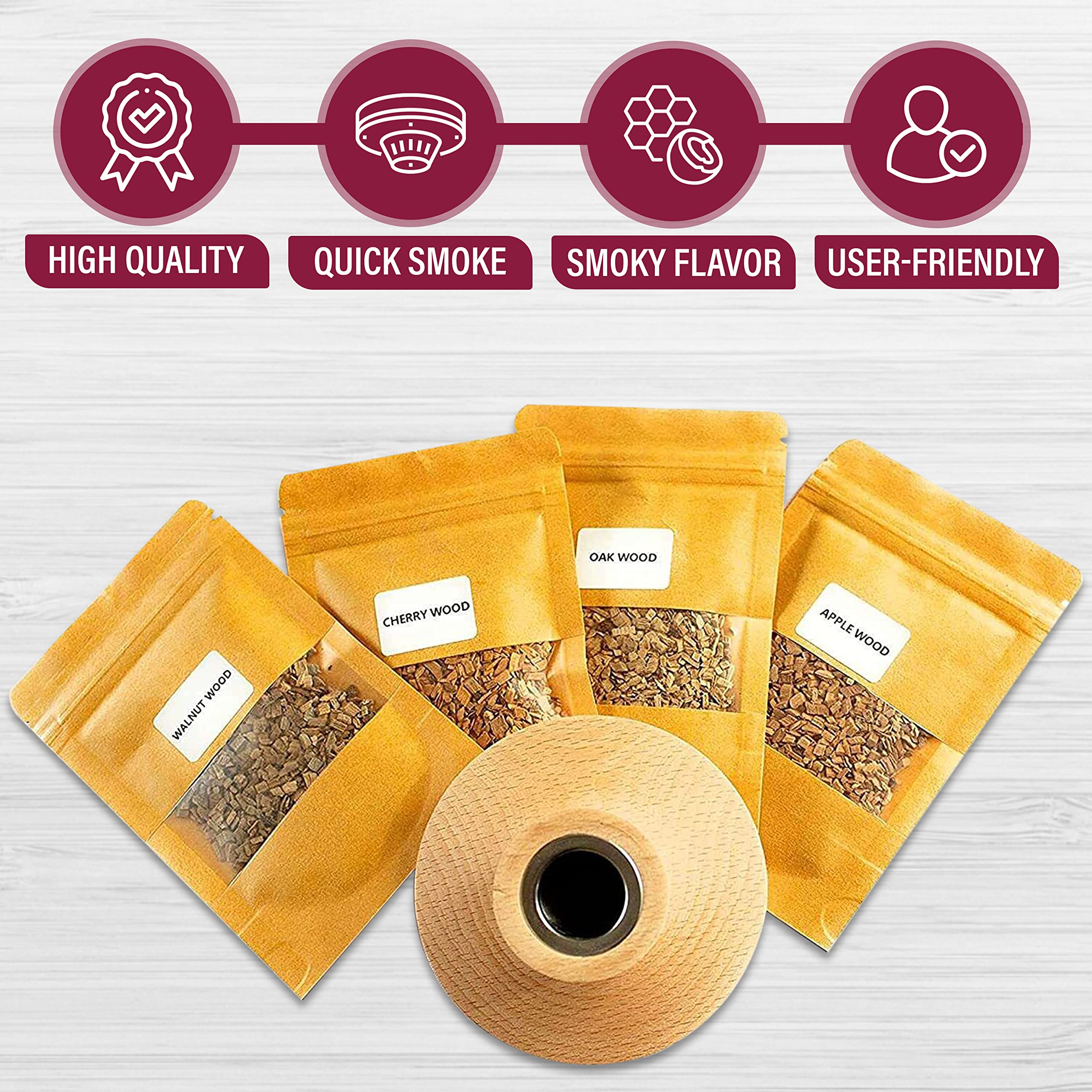 Chefs Unique Whiskey Smoker Kit - Infuse Bold Flavors with Apple, Cherry, Oak, and Walnut Wood Chips - Perfect for Bourbon Old Fashioned Cocktails