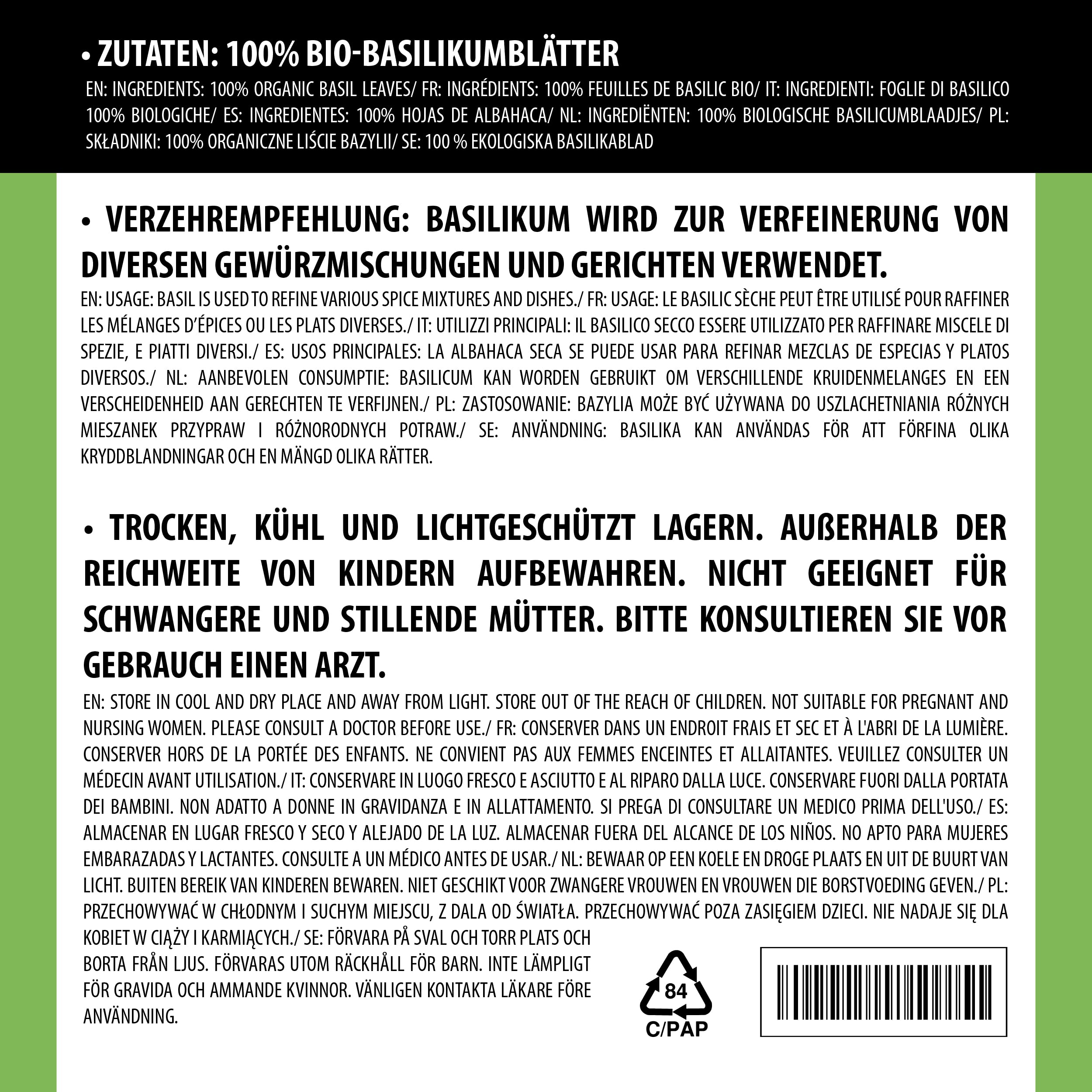 Alpi Nature Ekologiczna Suszona Bazylia 250g, Suszone Cięte Liście Bazylii, Włoska Przyprawa