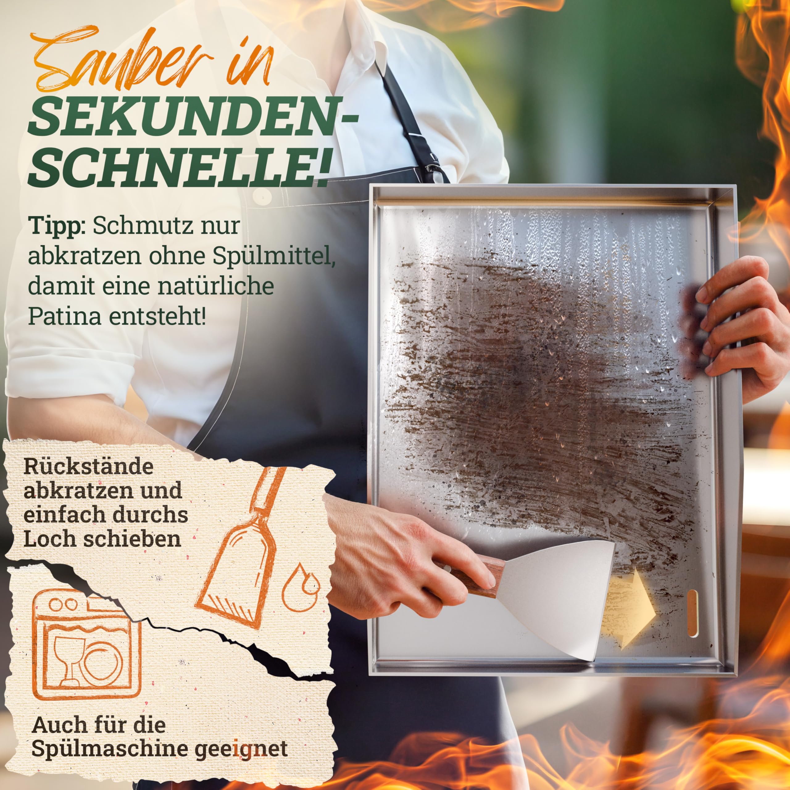 LIKAYA® Plancha Grillplatte [30x40cm] mit 2x Grillspachtel mit FSC-Akazienholzgriff Grillzubehör | Verzugsfreier Edelstahl | Plancha Gasgrill Kohlegrill | Geschlossene Ecken ohne Auslaufen