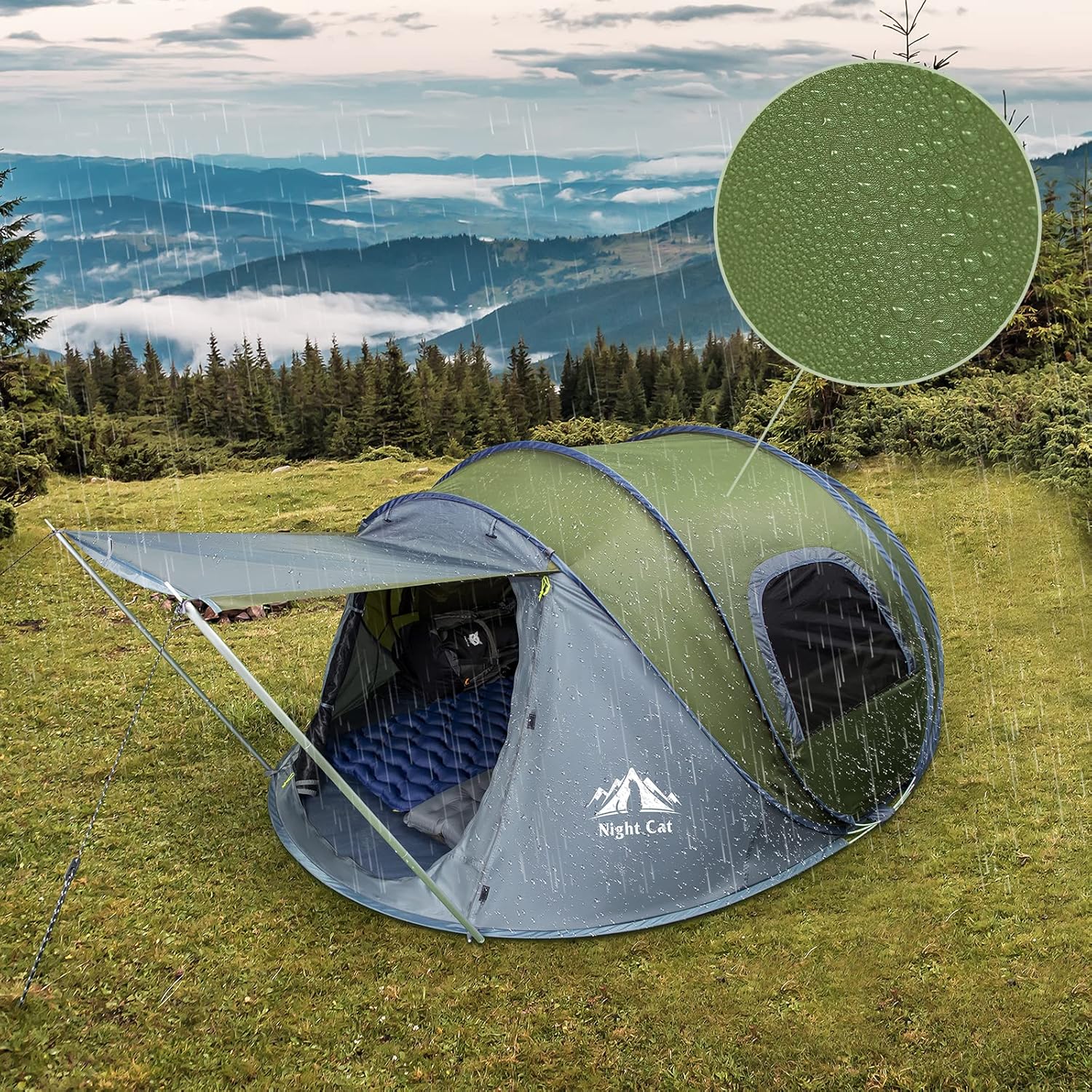 Night Cat Pop up Tent in Rain with Water Droplets