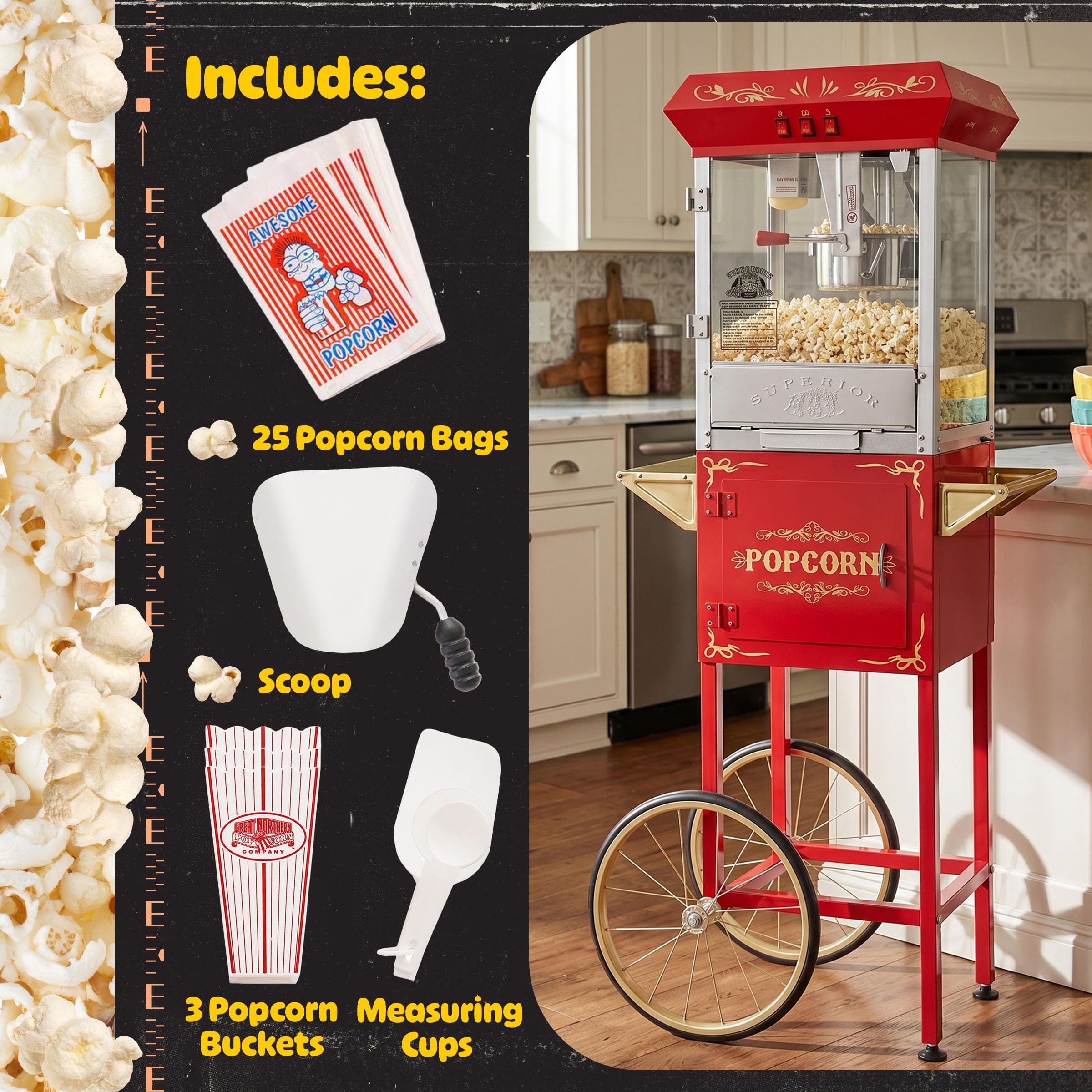 Máquina de palomitas de maíz con carro, hace aproximadamente 3 galones por lote, por Superior Popcorn Company (8 onzas, rojo)