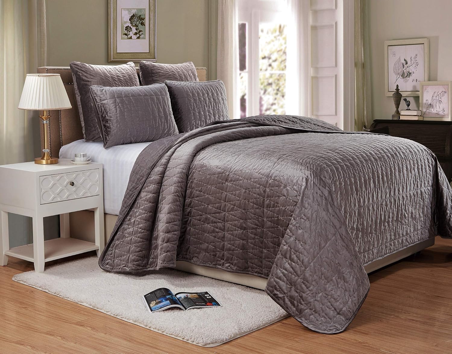 Chezmoi Collection Nina 3-Piece Premium Heavy Velvet Quilt Set Modern Diamond Pattern Bedspread Coverlet Set (Queen, Gray)