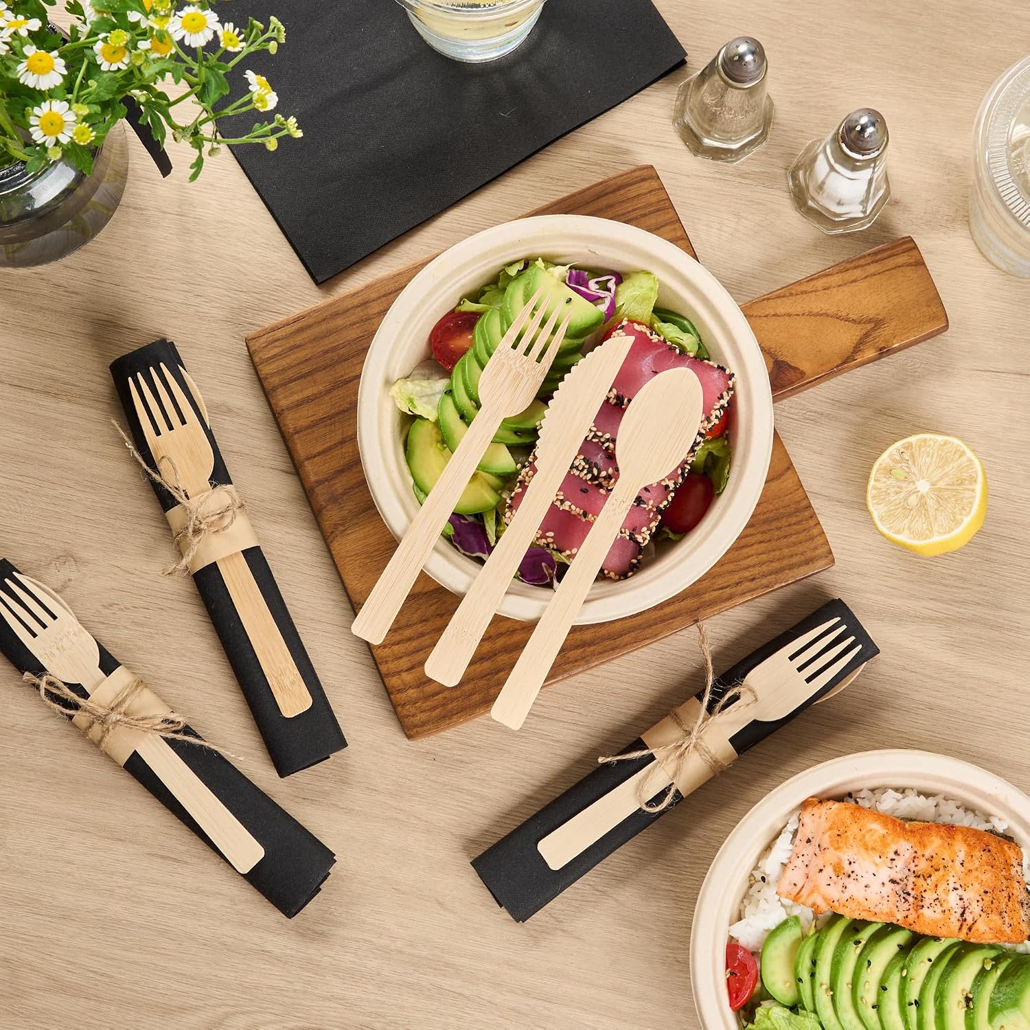 Restaurantware Disposable Cutlery Set 100 Pack of 6.75 Inch Bamboo Sustainable with Black Napkin Flatware Set for Hot and Cold Foods Cutlery Utensils for Events, Catering