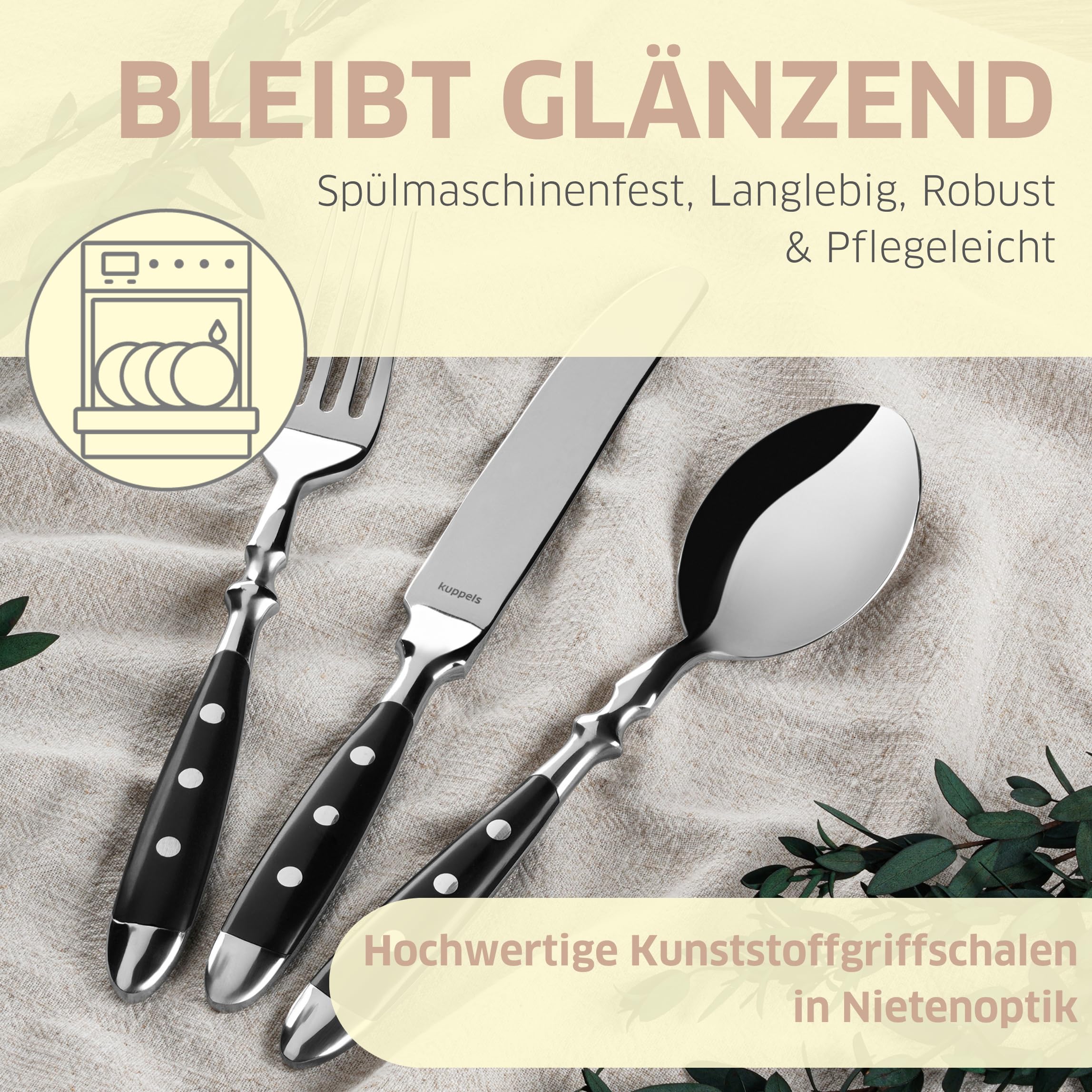 Kuppels COUNTRY Besteck Set 30-teilig, schwarze Kunststoffgriffe genietet | Edelstahl 18/0, hochglanzpoliert und spülmaschinenfest – rustikales Landhaus-Besteck ideal für 6 Personen