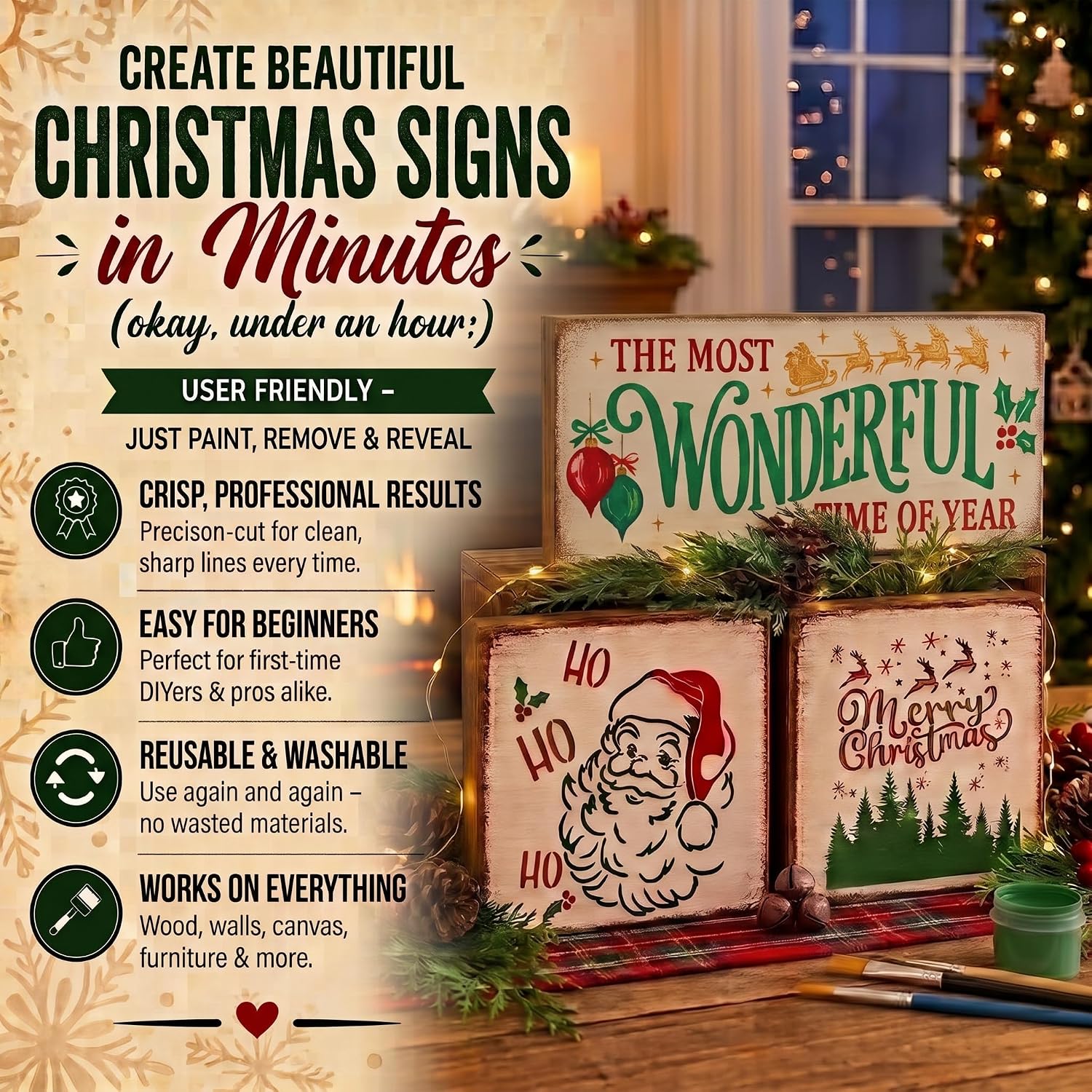Christmas Stencils for Crafts Reusable – 8 Pc Large Christmas Stencils for Painting on Wood – Believe, Santa, Reindeer, Merry Christmas Stencil, Farm Fresh Trees, Snowflakes & Xmas Stencil